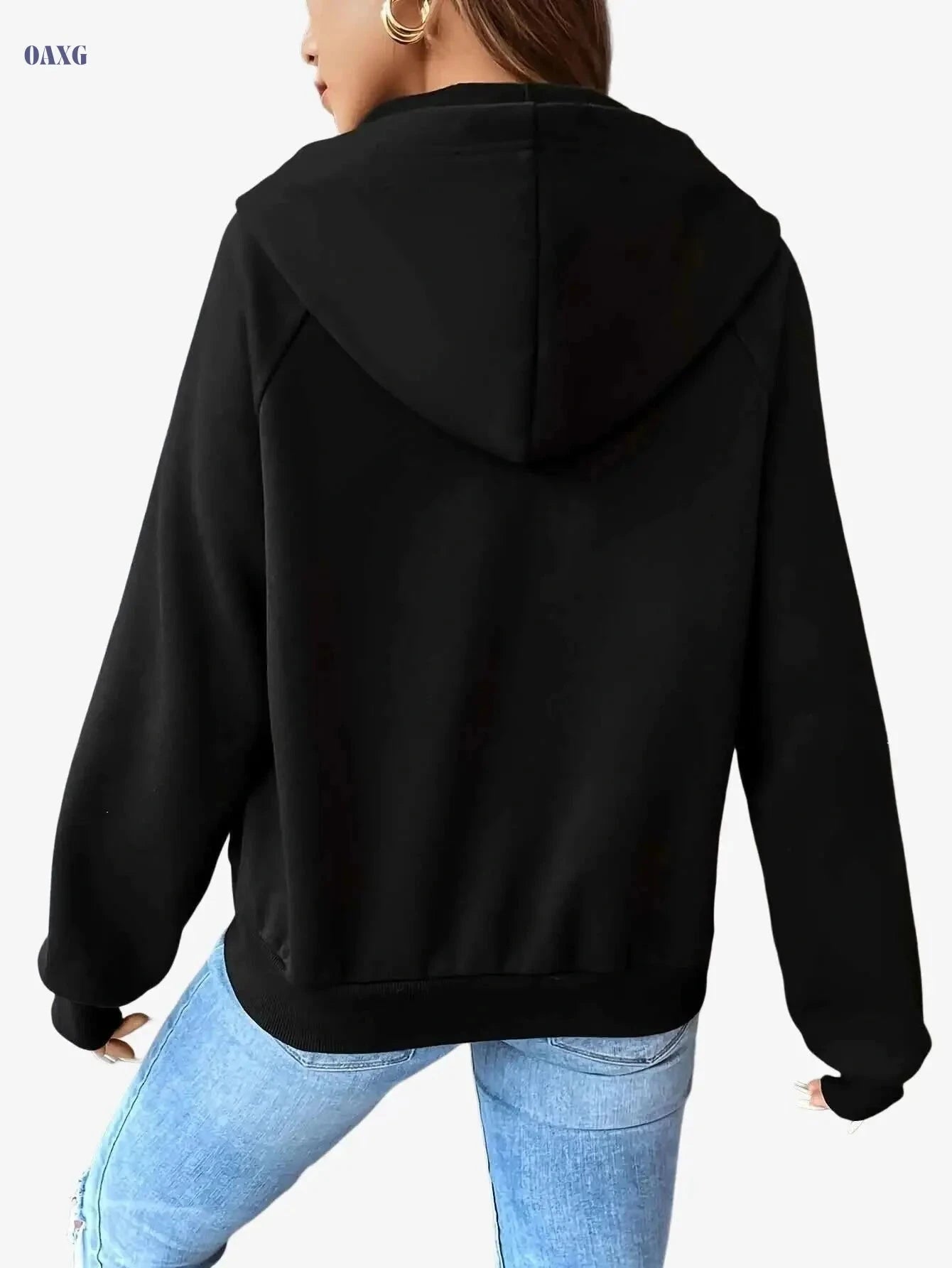 Stylish Women's Black Hooded Jacket - Casual Zip-Up for Fall/Winter   OAXG 