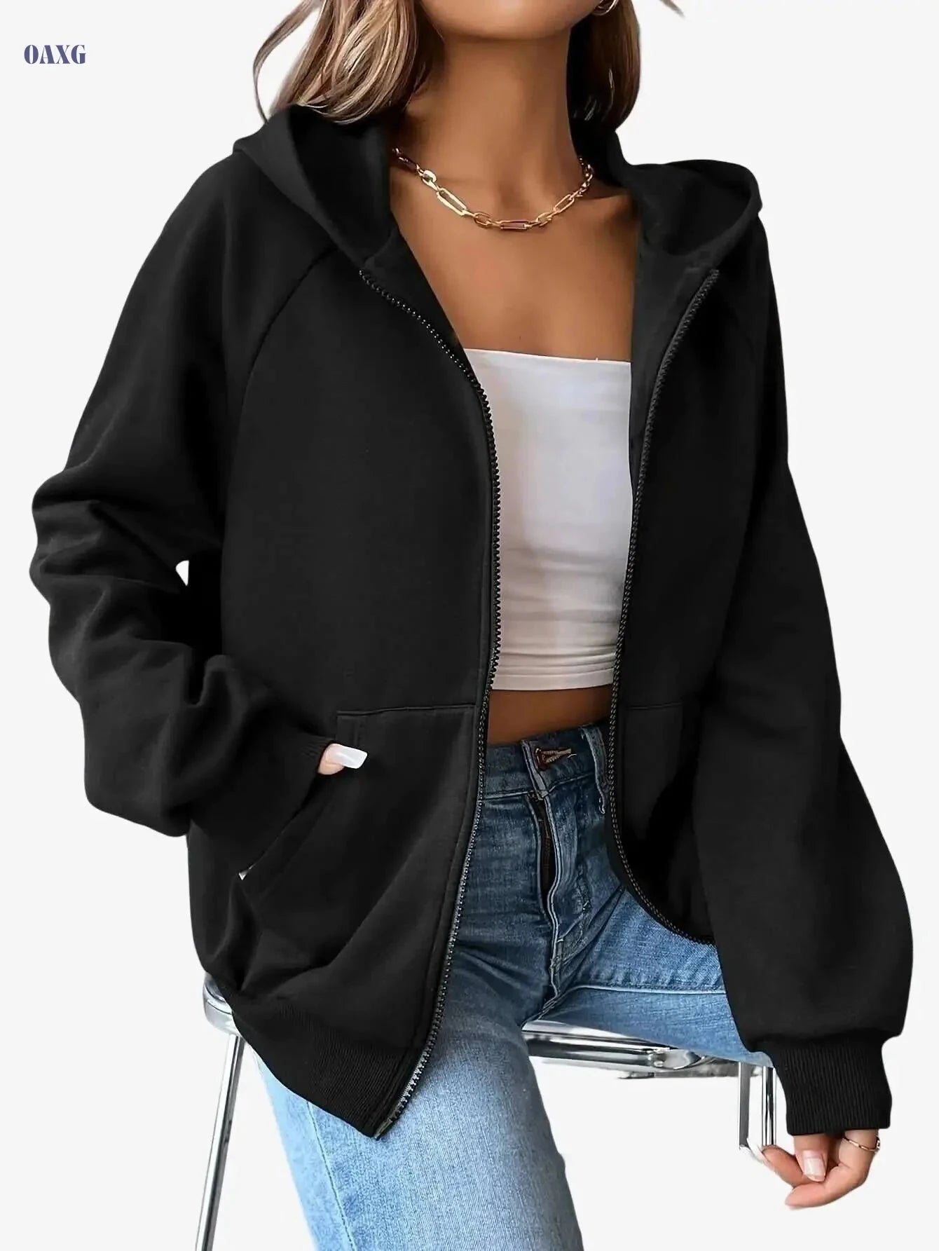 Stylish Women's Black Hooded Jacket - Casual Zip-Up for Fall/Winter   OAXG 