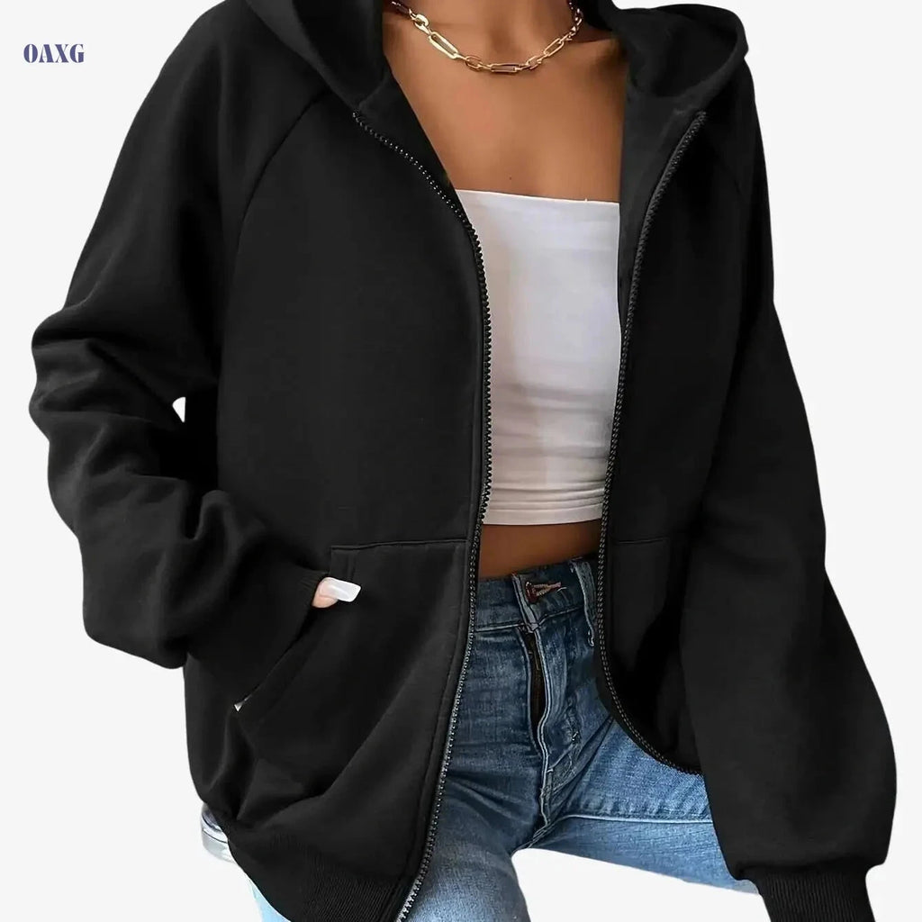 Stylish Women's Black Hooded Jacket - Casual Zip-Up for Fall/Winter   OAXG Black / S