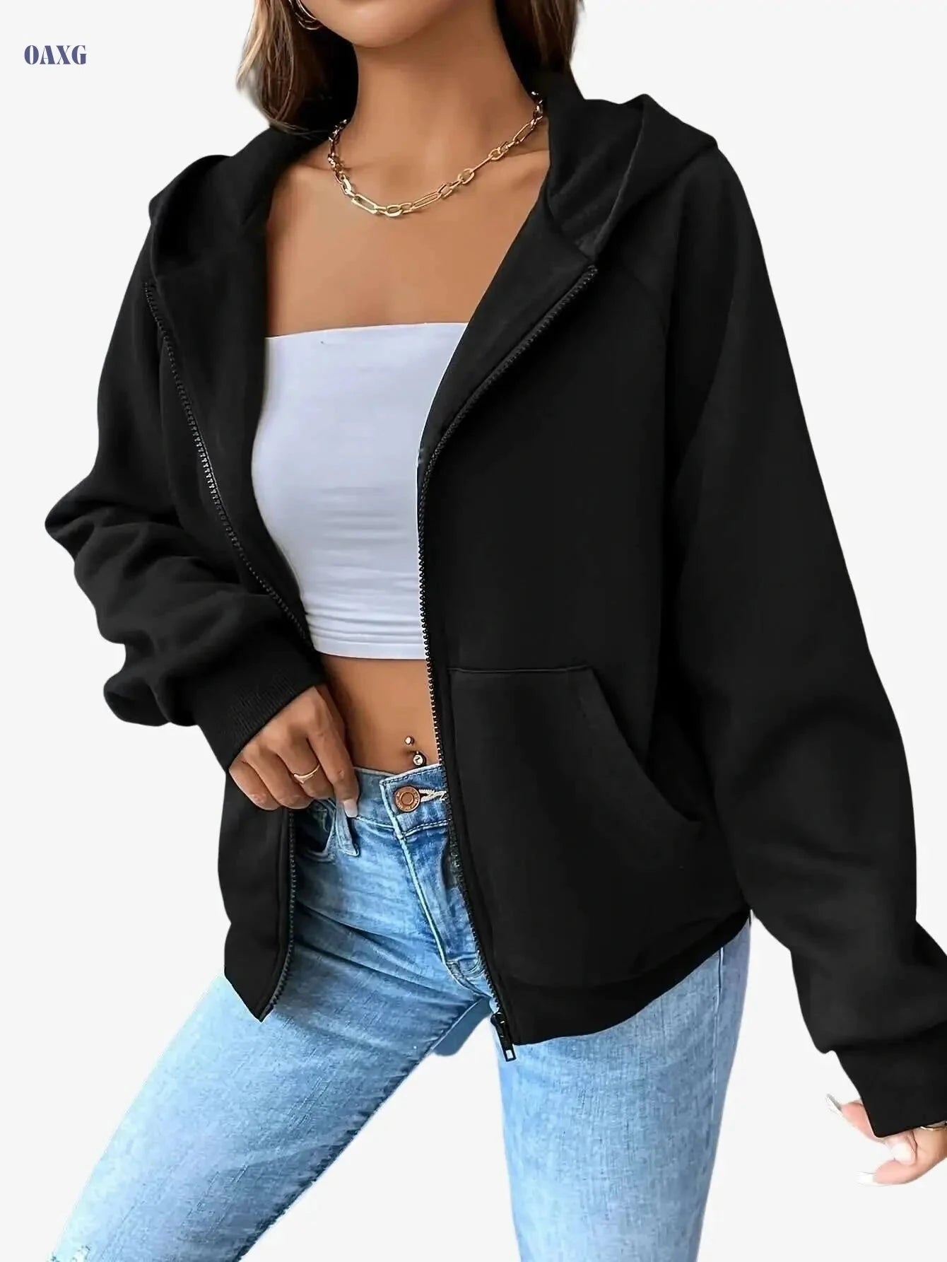 Stylish Women's Black Hooded Jacket - Casual Zip-Up for Fall/Winter   OAXG Black / S