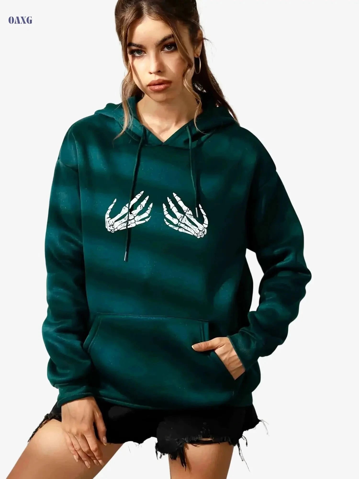 Stylish Women’s Casual Hoodie - Drawstring, Rib-Knit, Loose Fit   OAXG 