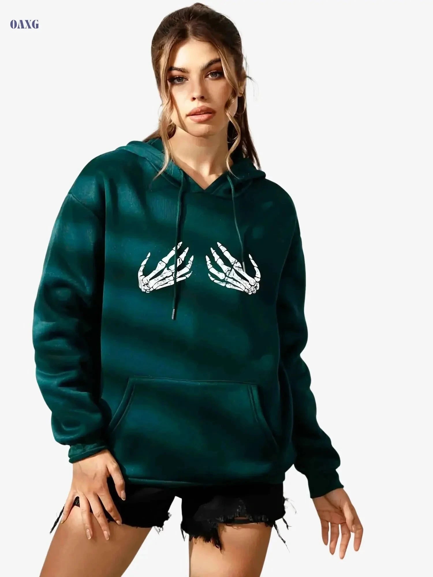 Stylish Women’s Casual Hoodie - Drawstring, Rib-Knit, Loose Fit   OAXG Black / XXS