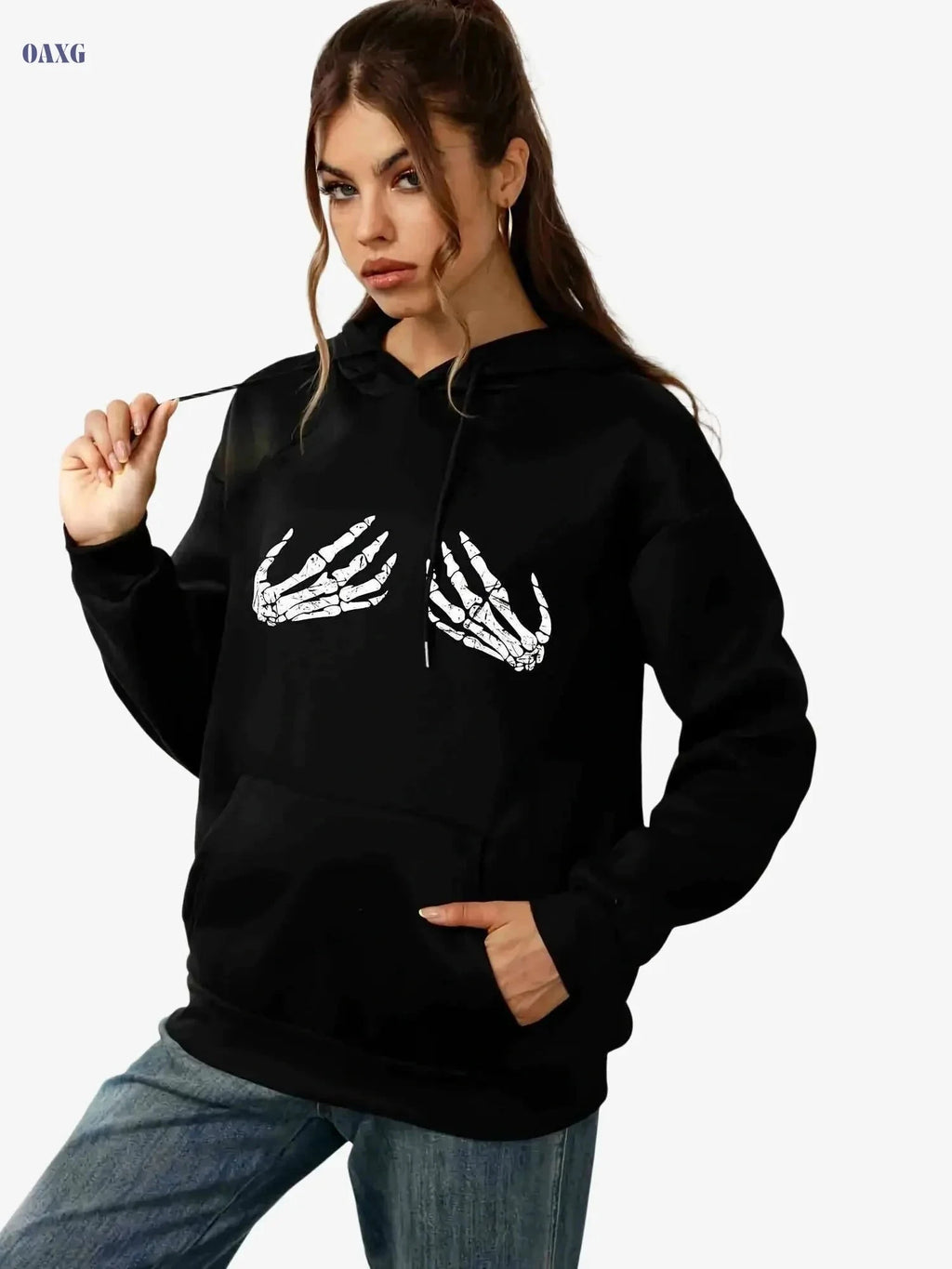 Stylish Women’s Casual Hoodie - Drawstring, Rib-Knit, Loose Fit   OAXG Black / XXS