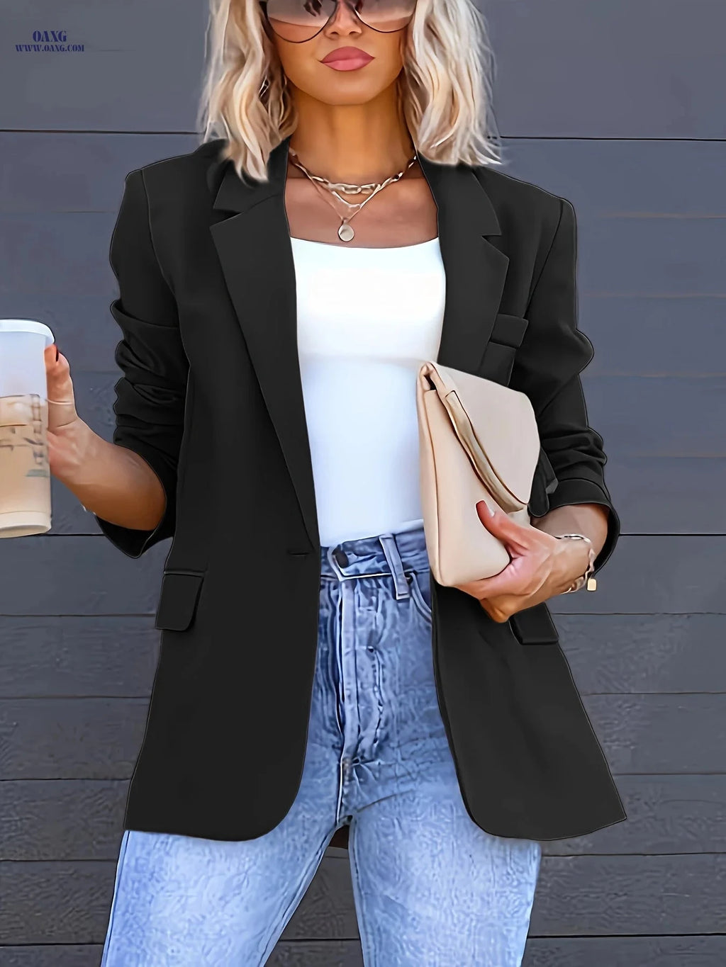 Stylish Women's Elegant Blazer - Casual Solid Color Lapel Jacket   OAXG Khaki / S