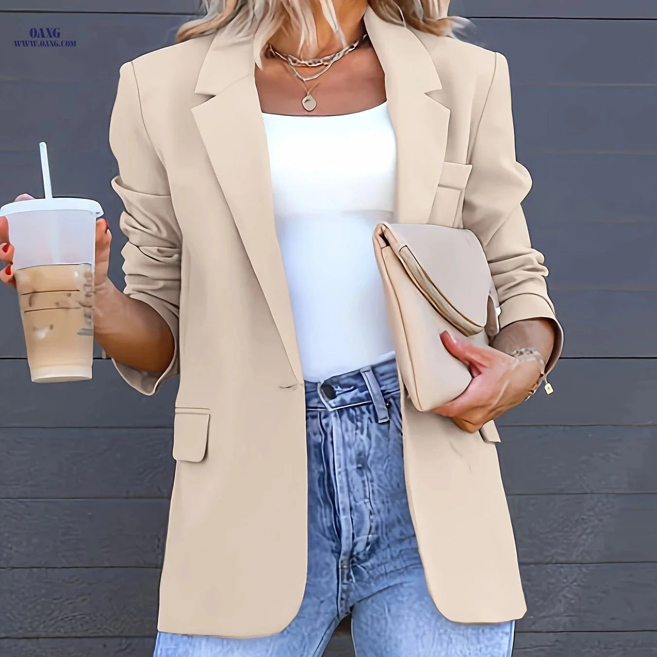 Stylish Women's Elegant Blazer - Casual Solid Color Lapel Jacket   OAXG Khaki / S