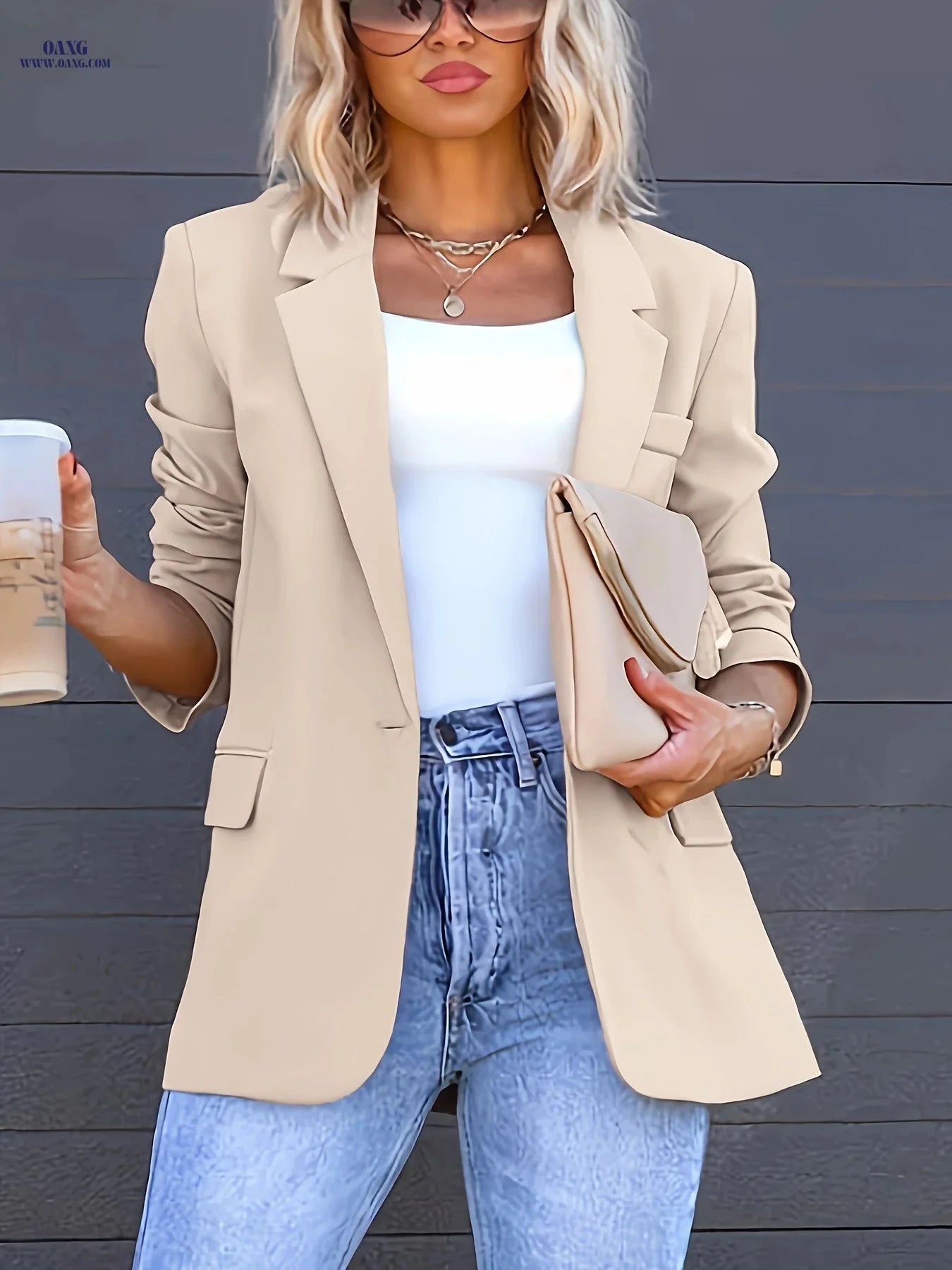 Stylish Women's Elegant Blazer - Casual Solid Color Suit Jacket   OAXG Khaki / S