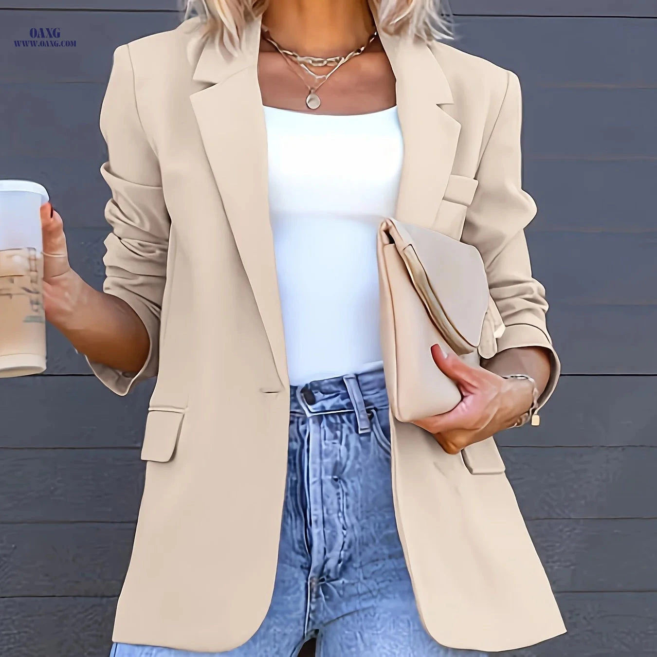 Stylish Women's Elegant Blazer - Casual Solid Color Suit Jacket   OAXG Khaki / S