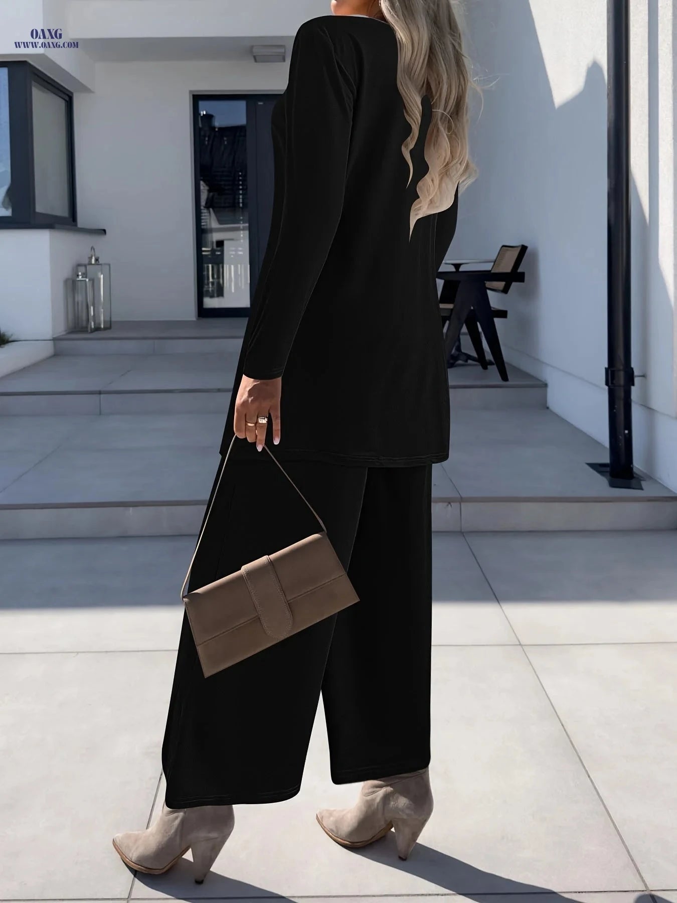 Stylish Women's Long Pants Set - Elegant Solid Color for Fall/Winter   OAXG Grey / S