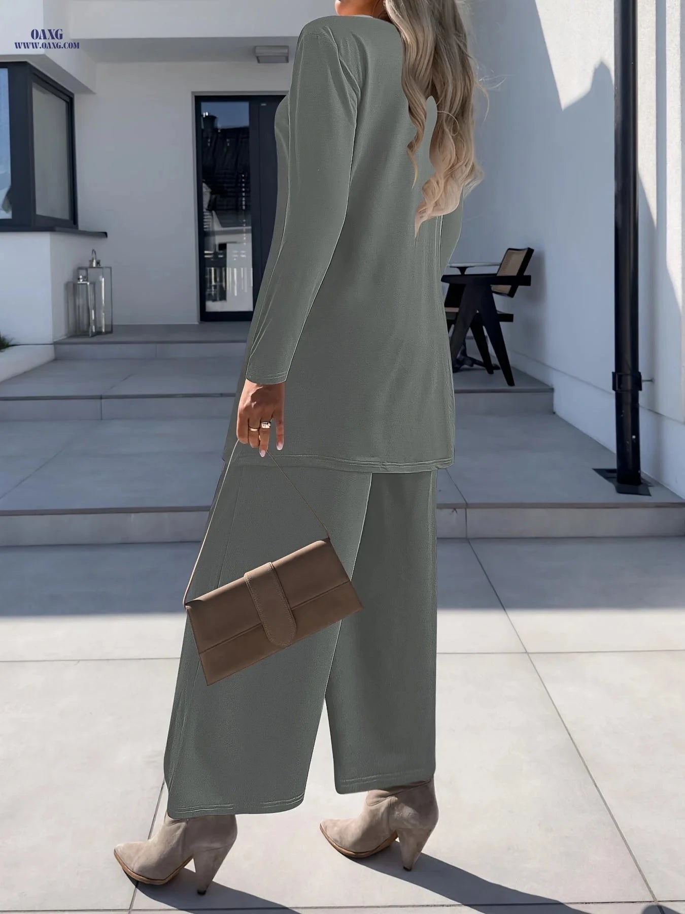 Stylish Women's Long Pants Set - Elegant Solid Color for Fall/Winter   OAXG Grey / S
