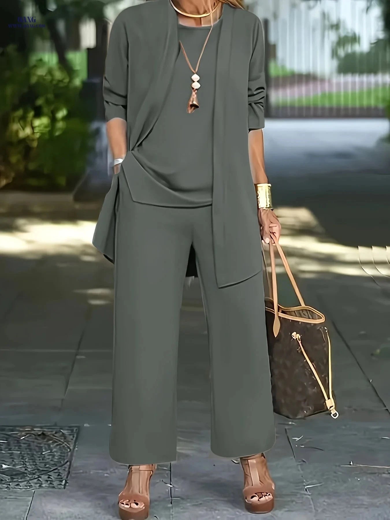 Stylish Women's Long Pants Set - Elegant Solid Color for Fall/Winter   OAXG Grey / S