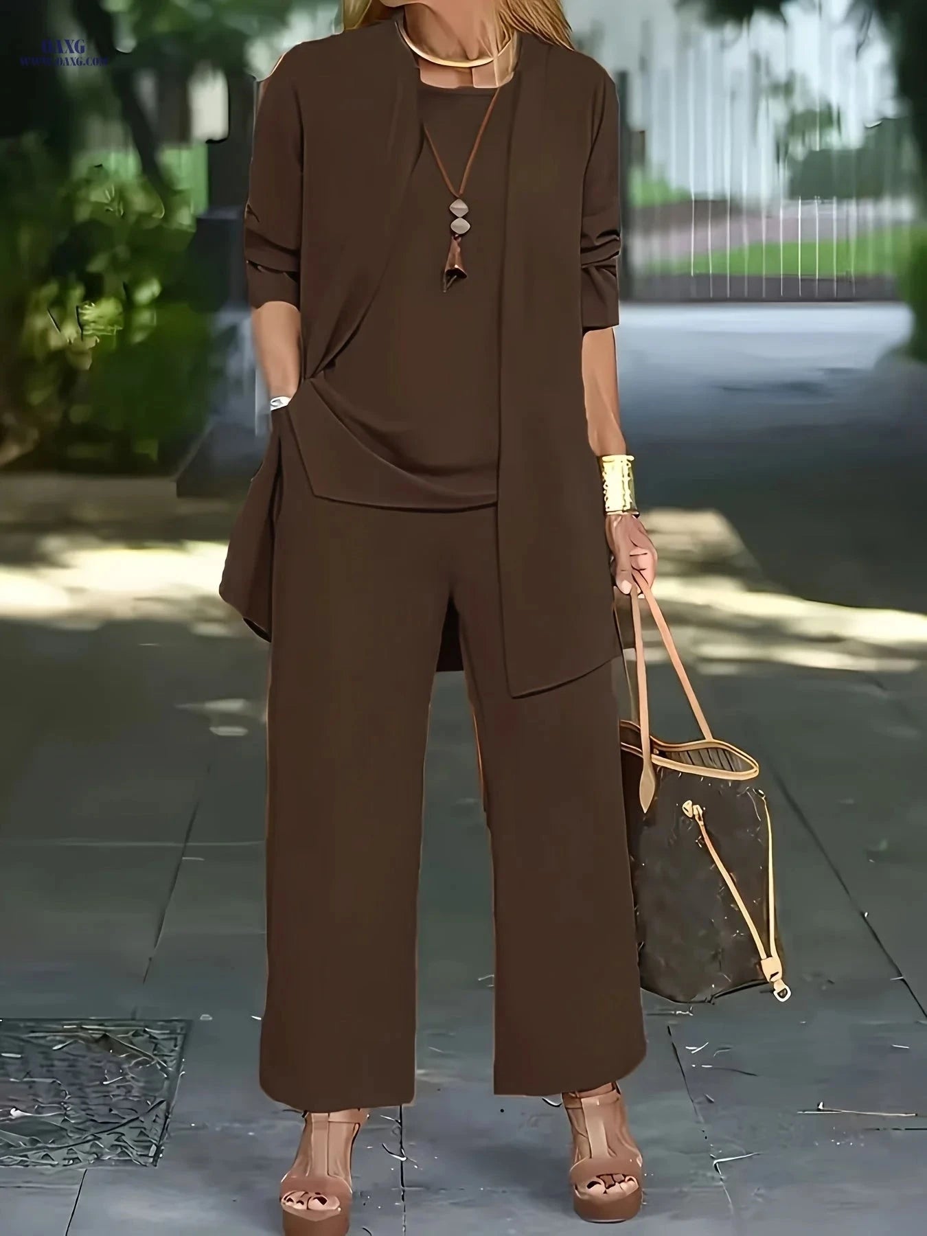 Stylish Women's Long Pants Set - Elegant Solid Color for Fall/Winter   OAXG 