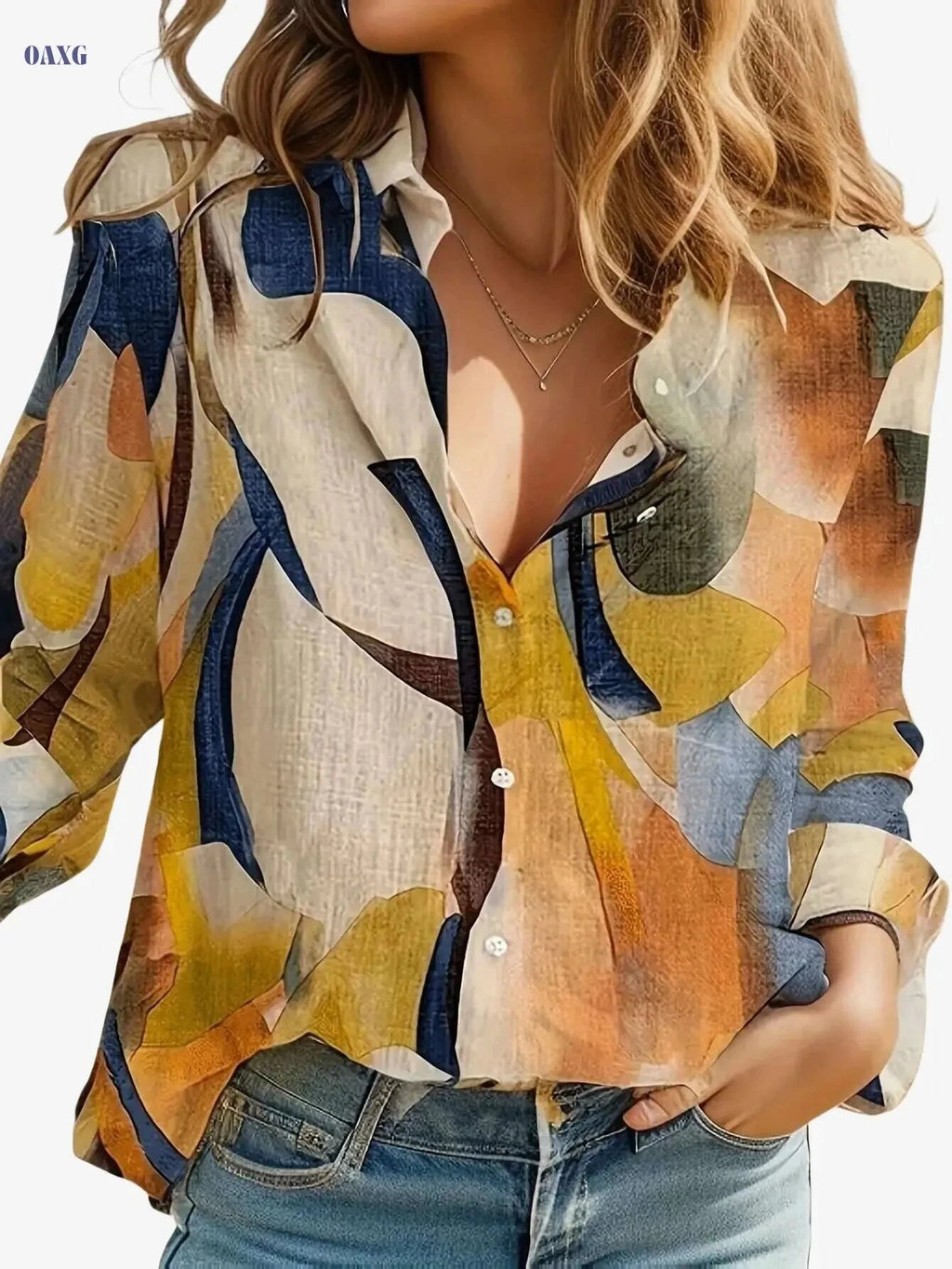 Stylish Women's Long Sleeve Shirt - V-Neck Single-Breasted Design   OAXG Multicolor / S