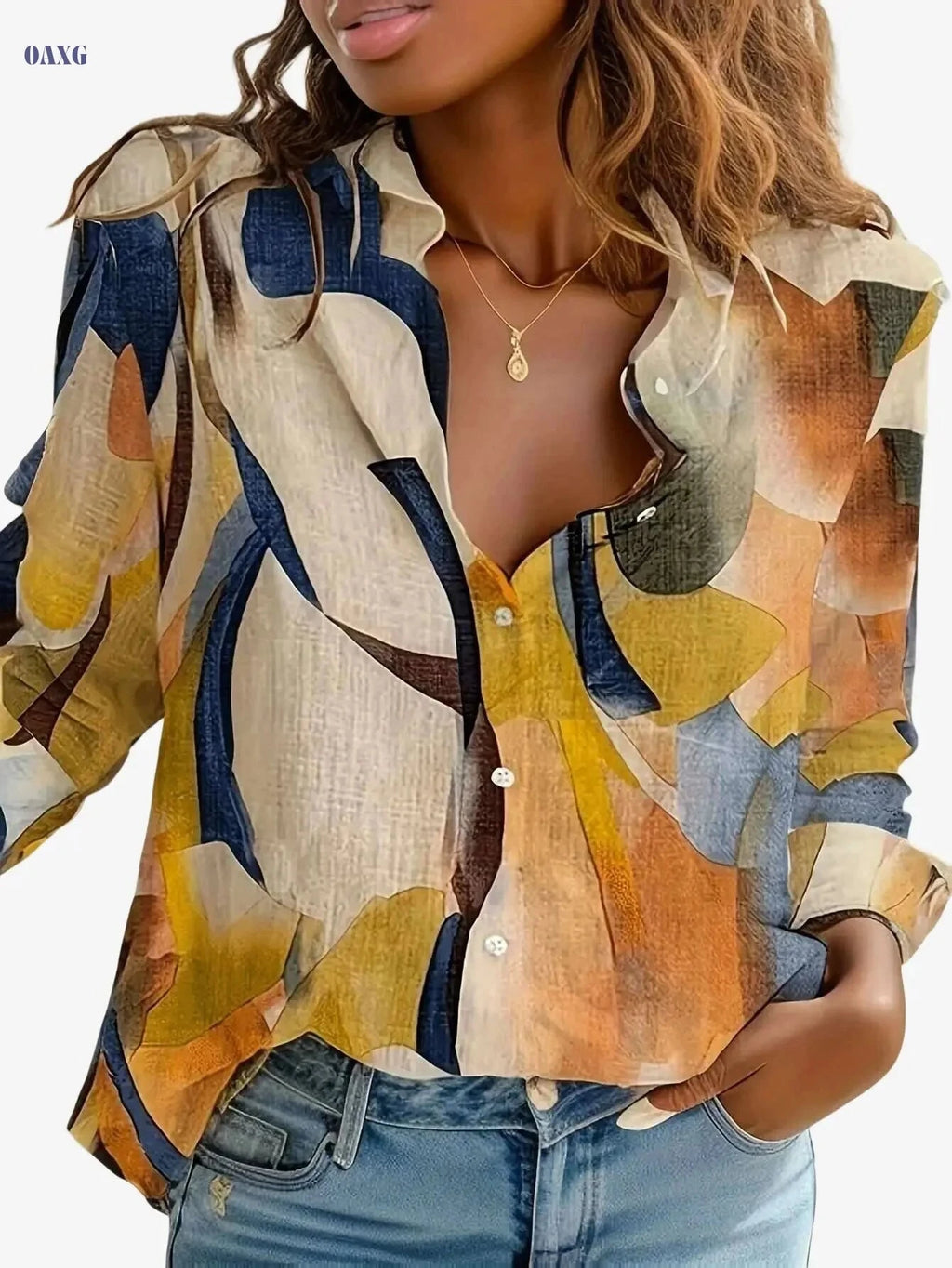 Stylish Women's Long Sleeve Shirt - V-Neck Single-Breasted Design   OAXG Multicolor / S