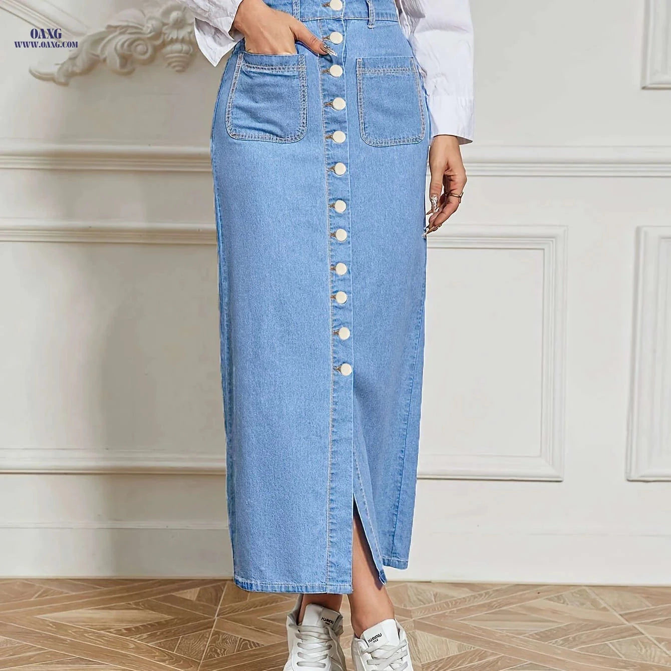 Stylish Women's Stretchy Denim Maxi Skirt - Button Details, Casual Fit   OAXG 