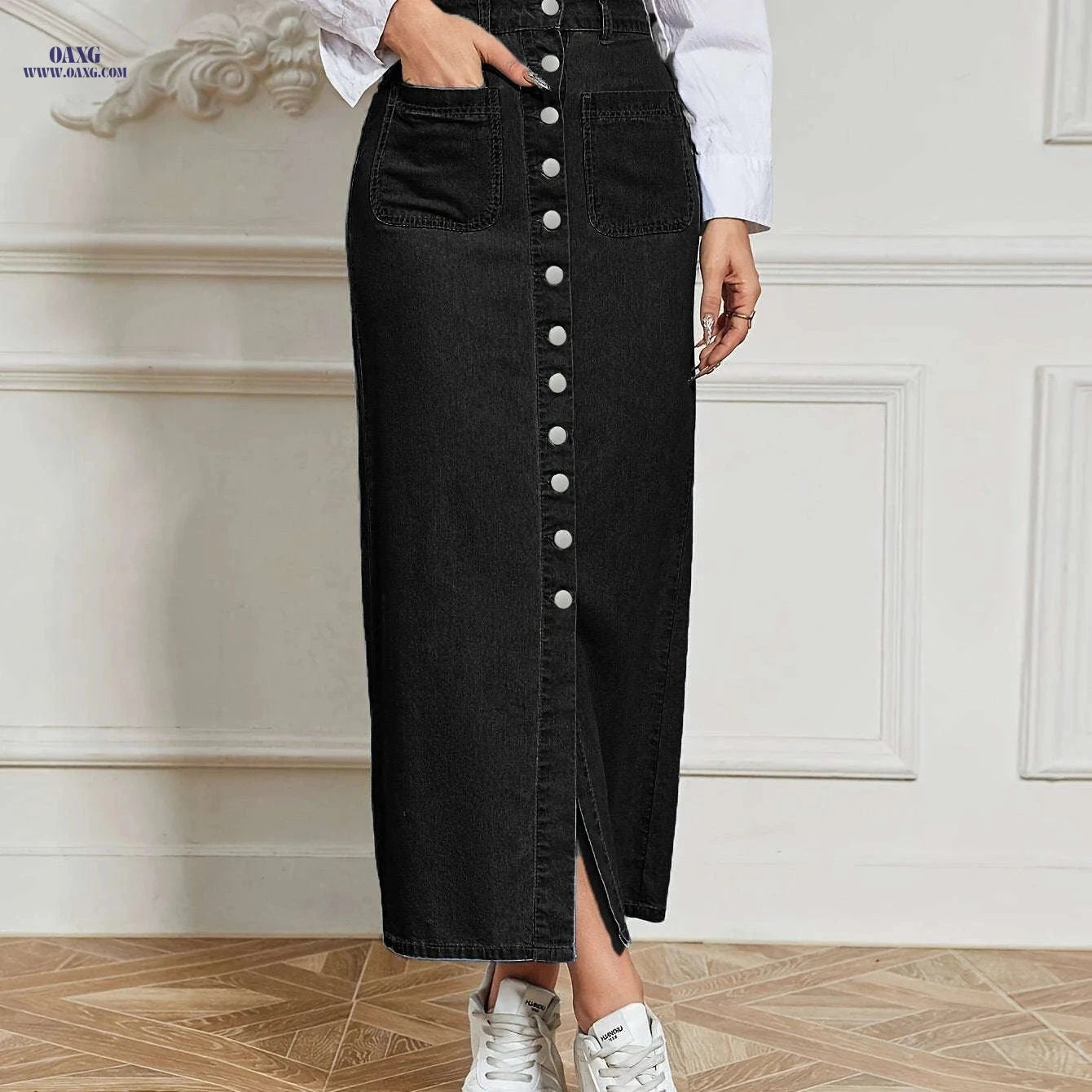 Stylish Women's Stretchy Denim Maxi Skirt - Button Details, Casual Fit   OAXG 