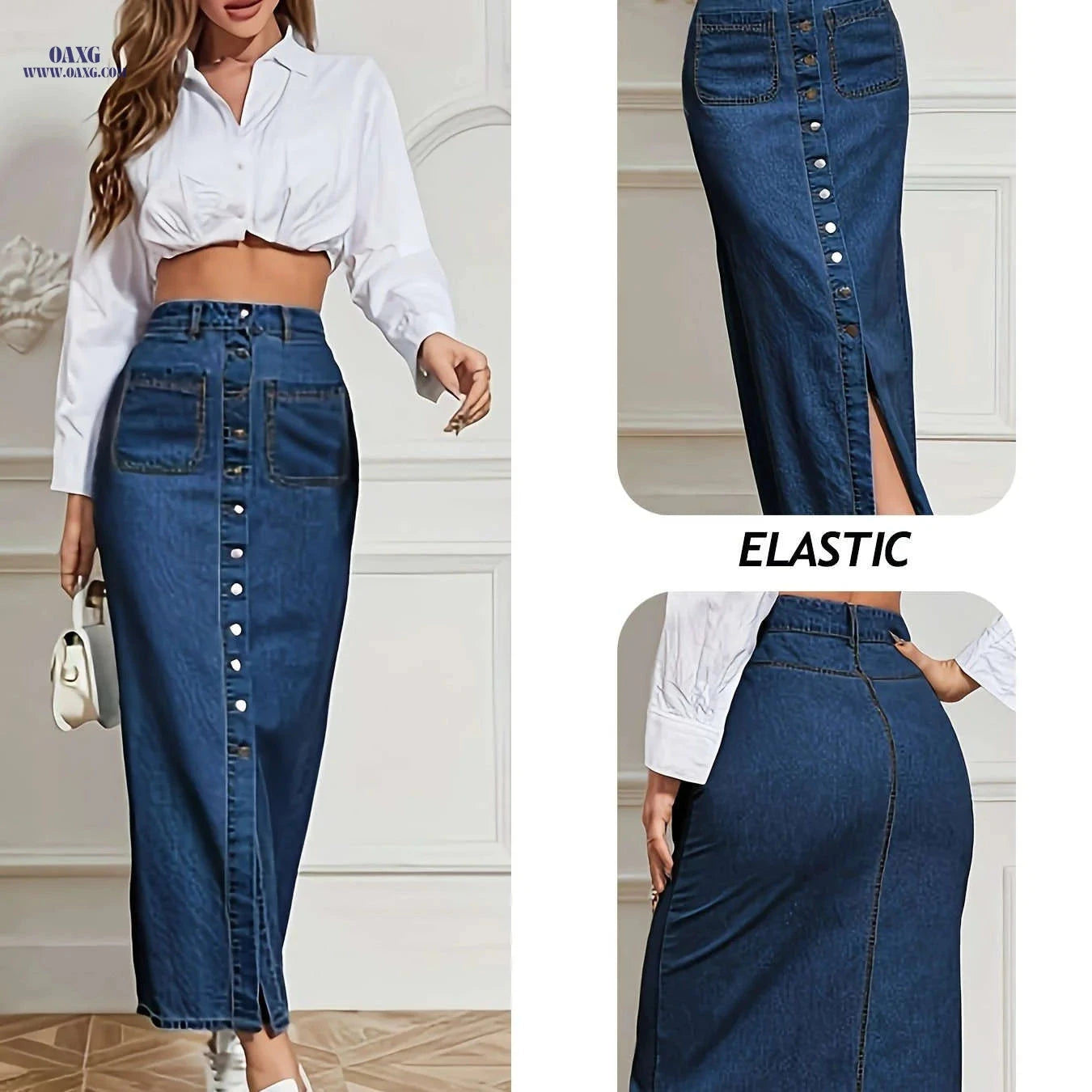 Stylish Women's Stretchy Denim Maxi Skirt - Button Details, Casual Fit   OAXG Navy Color / S