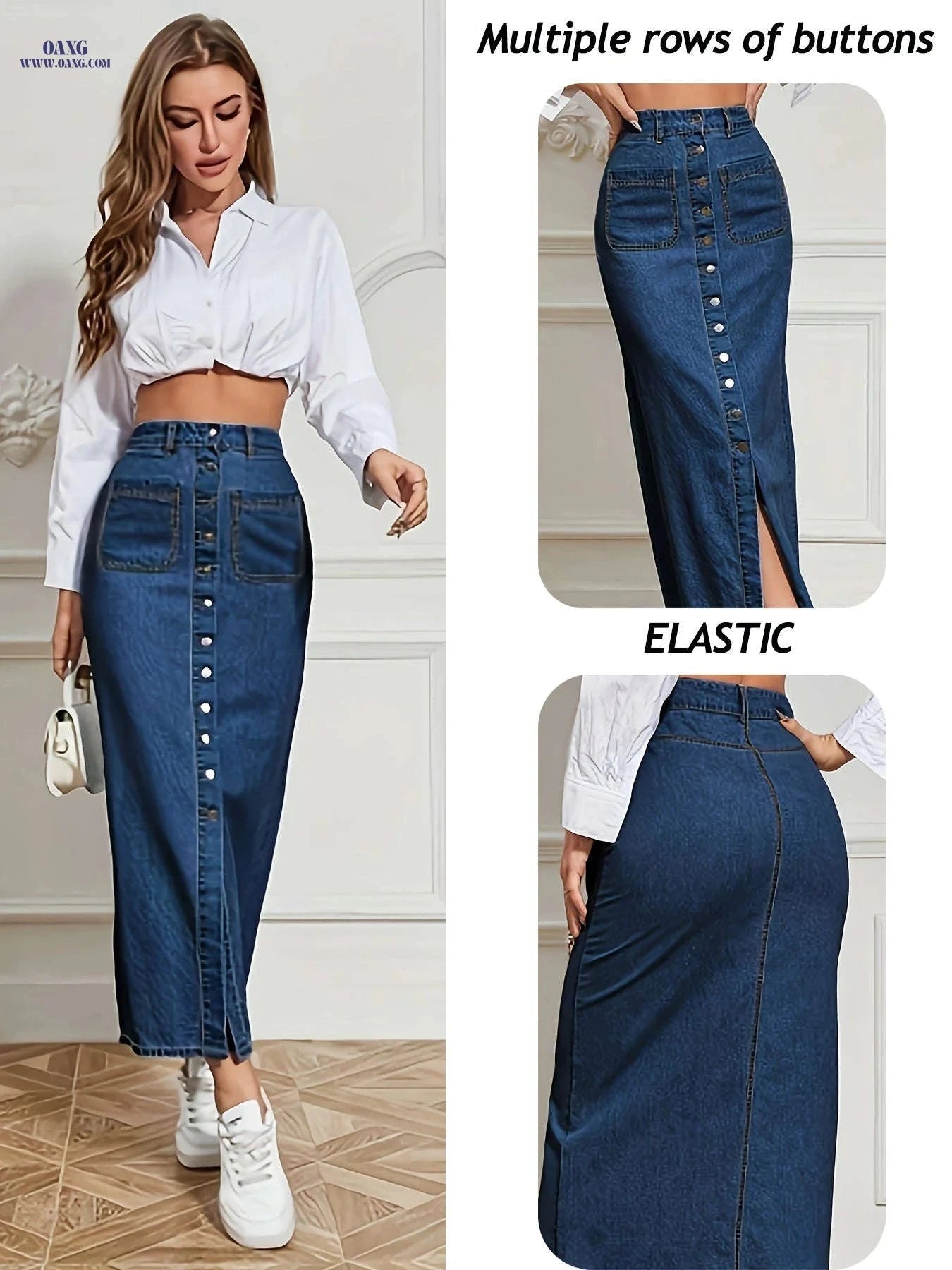 Stylish Women's Stretchy Denim Maxi Skirt - Button Details, Casual Fit   OAXG Navy Color / S