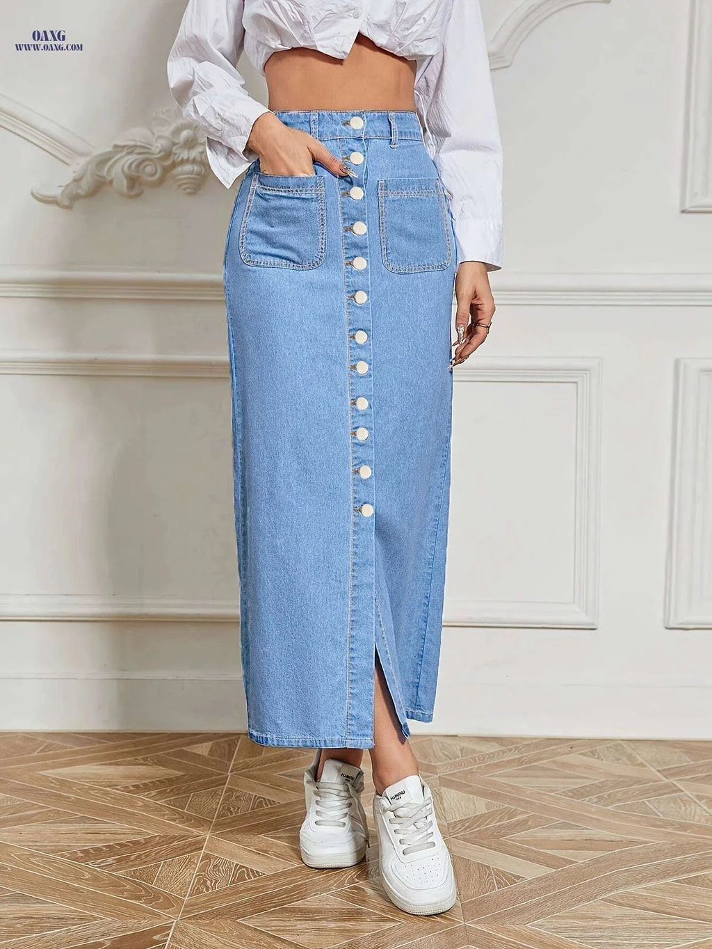 Stylish Women's Stretchy Denim Maxi Skirt - Button Details, Casual Fit   OAXG Navy Color / S