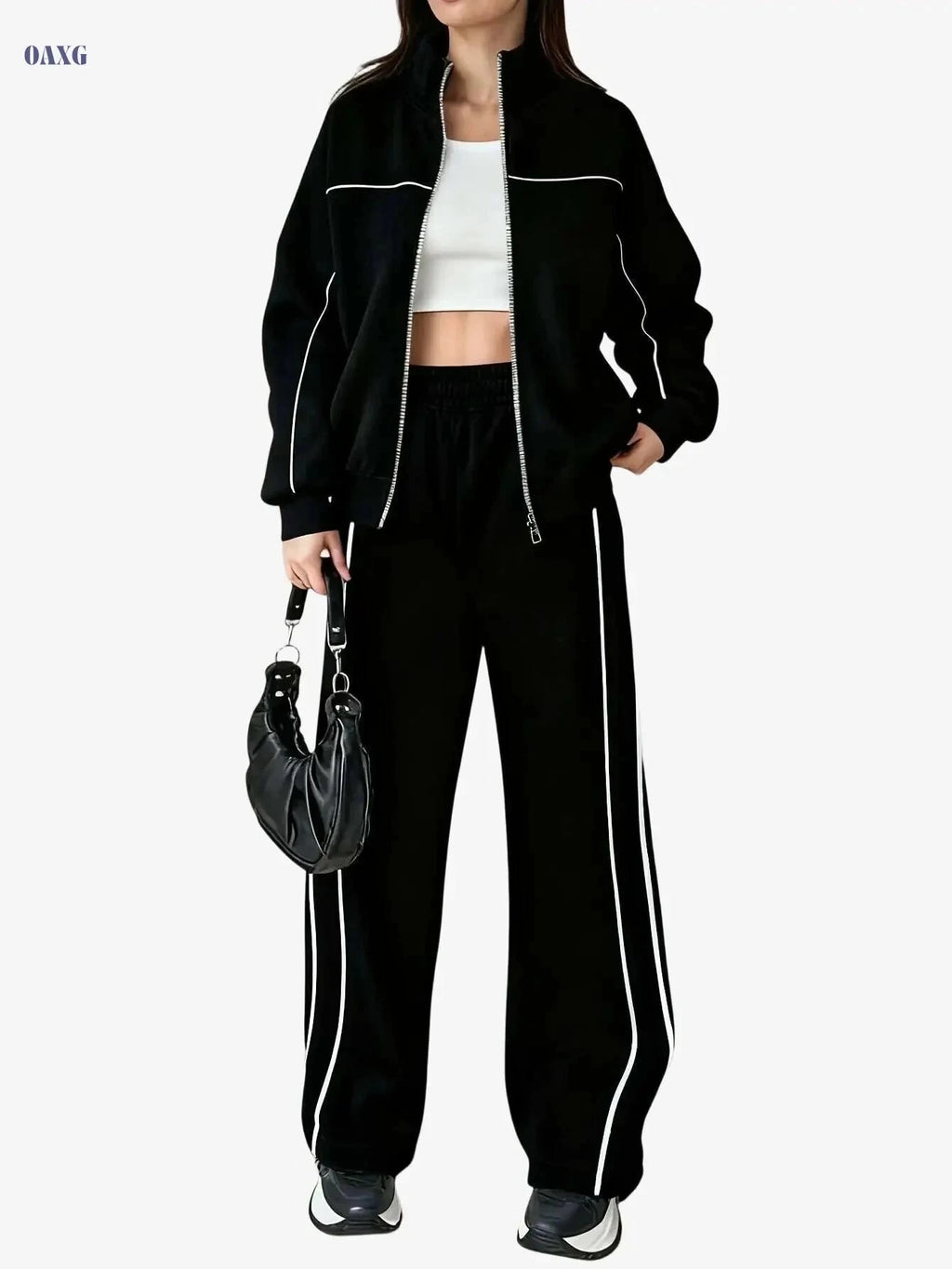 Stylish Women's Two-Piece Athletic Set - Zip-Up Jacket & High-Waisted Pants   OAXG Grey / S