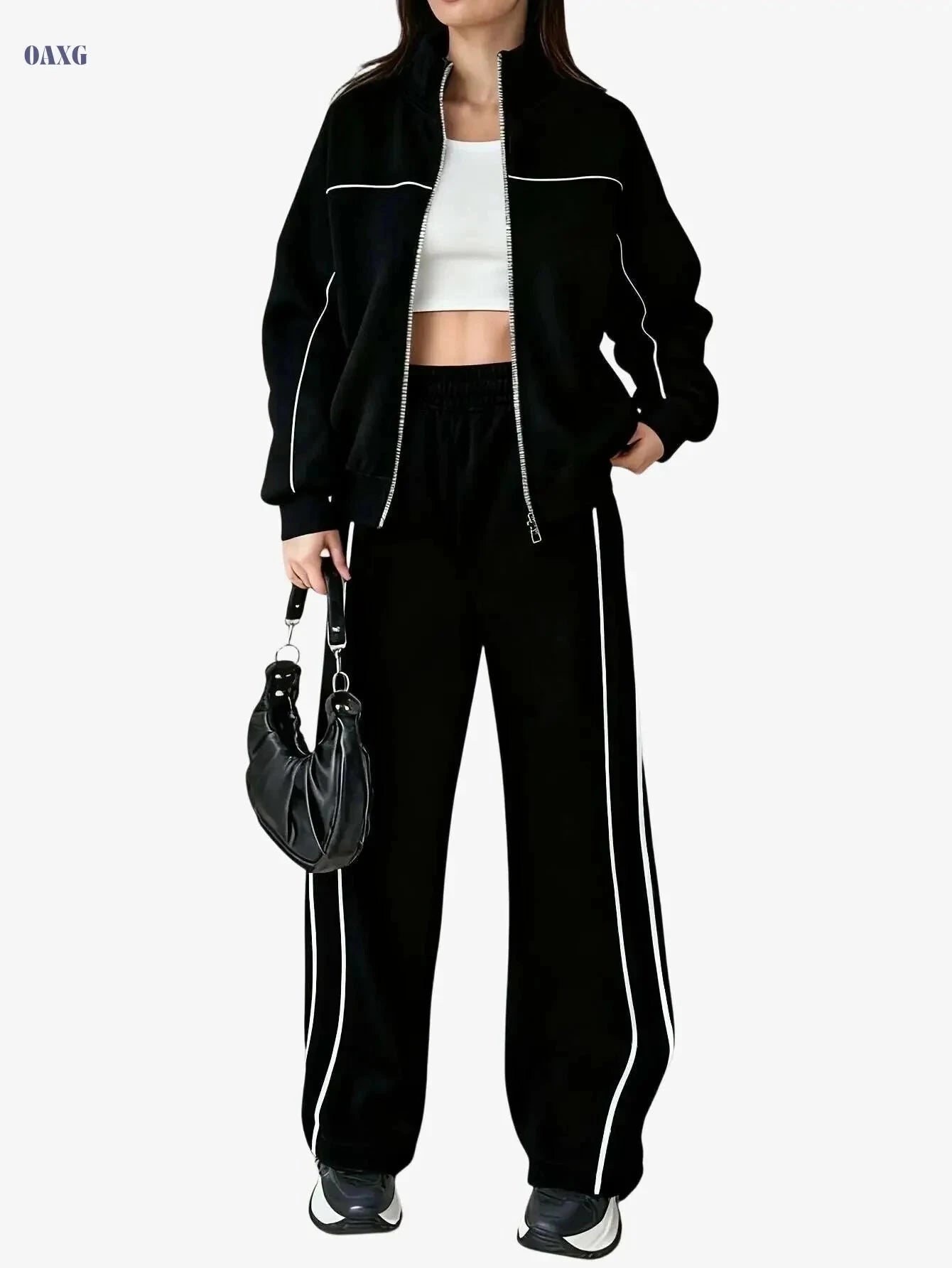 Stylish Women's Two-Piece Athletic Set - Zip-Up Jacket & High-Waisted Pants   OAXG Grey / S