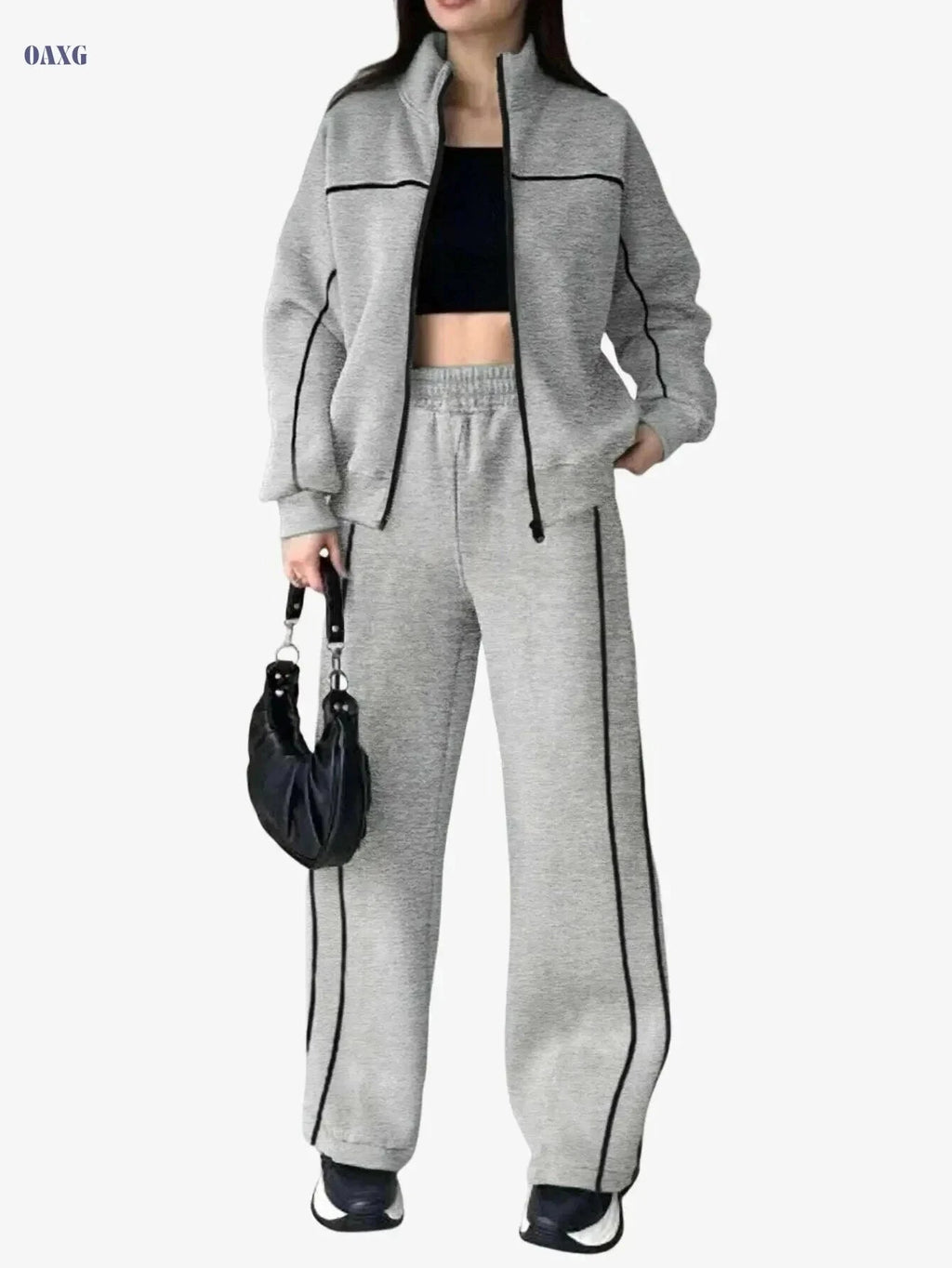 Stylish Women's Two-Piece Athletic Set - Zip-Up Jacket & High-Waisted Pants   OAXG Grey / S