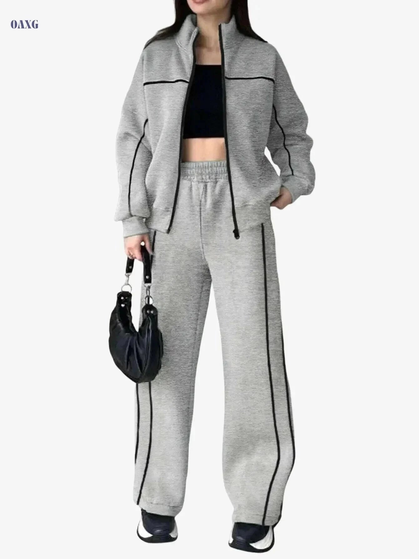 Stylish Women's Two-Piece Athletic Set - Zip-Up Jacket & High-Waisted Pants   OAXG Grey / S