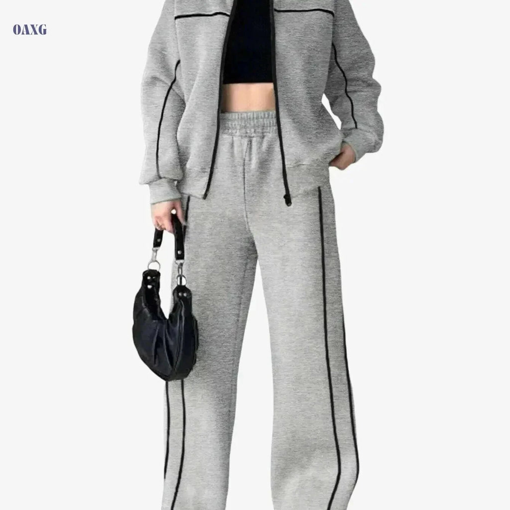 Stylish Women's Two-Piece Athletic Set - Zip-Up Jacket & High-Waisted Pants   OAXG Grey / S