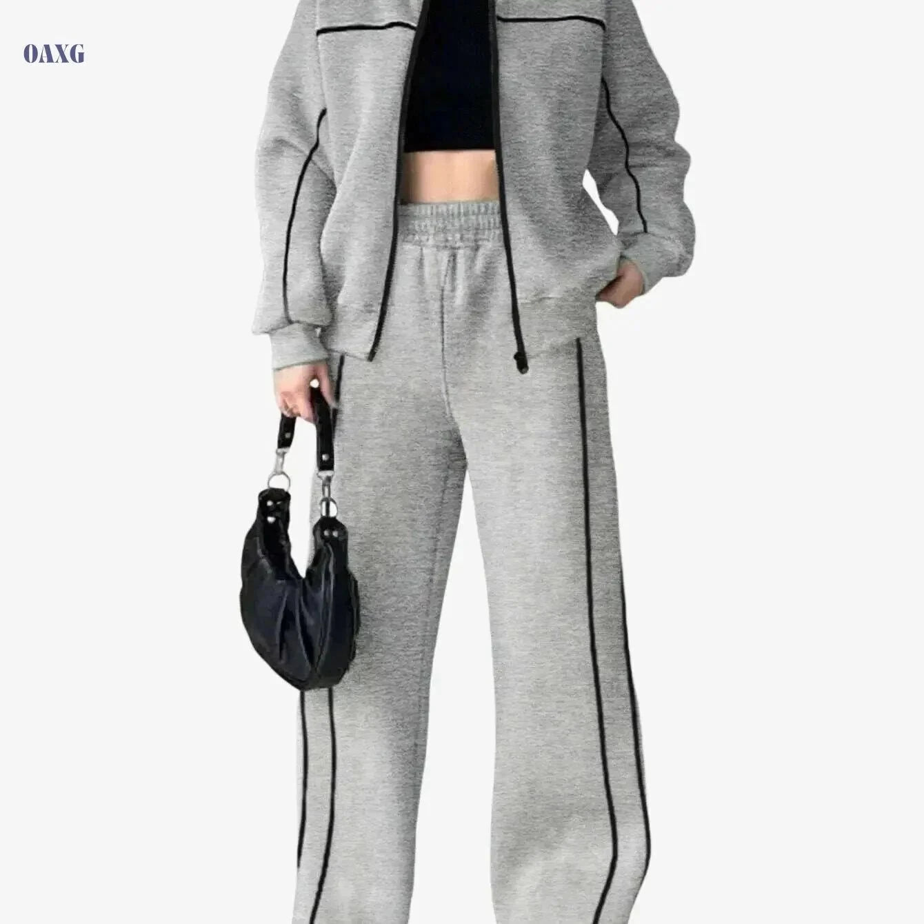 Stylish Women's Two-Piece Athletic Set - Zip-Up Jacket & High-Waisted Pants   OAXG Grey / S