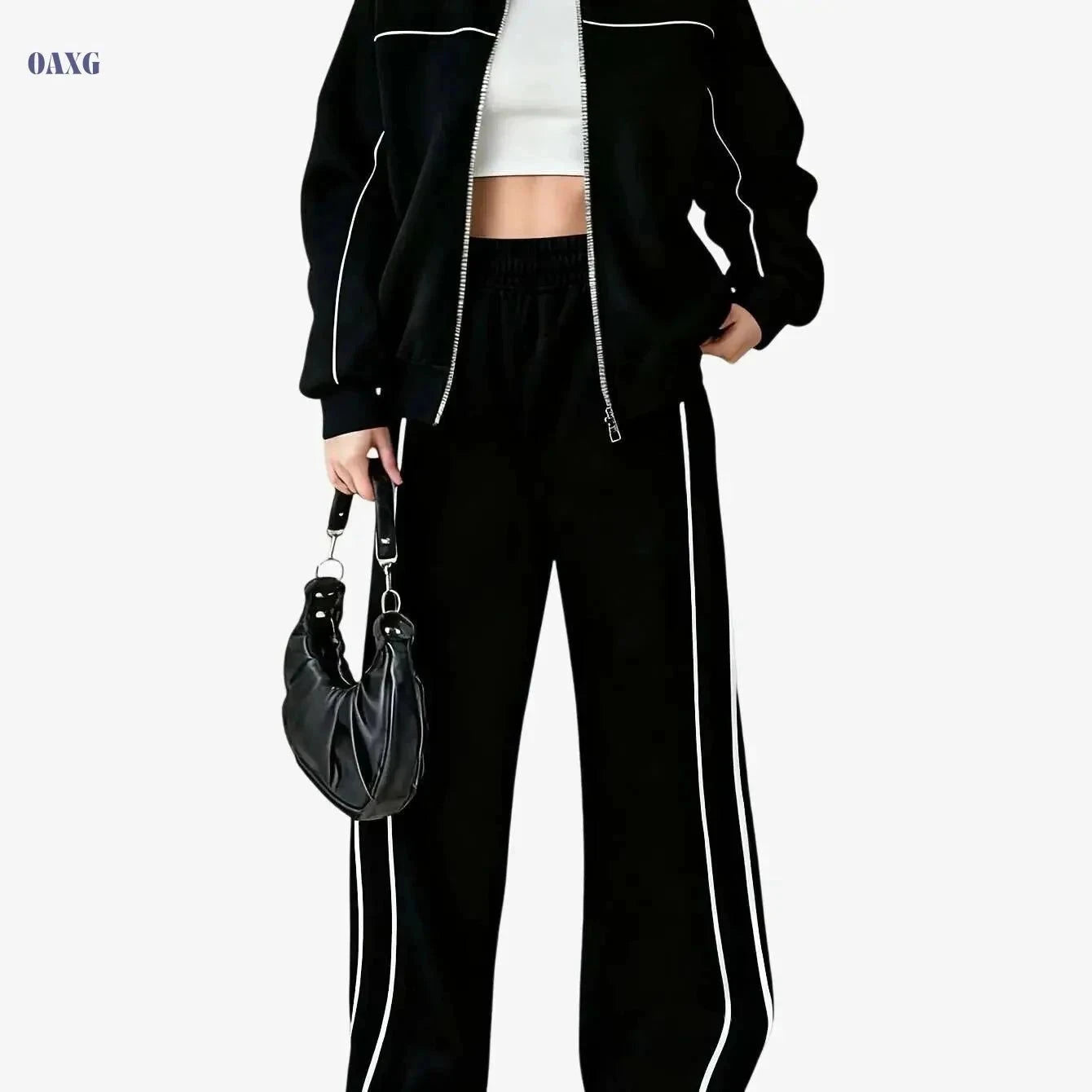 Stylish Women's Two-Piece Athletic Set - Zip-Up Jacket & High-Waisted Pants   OAXG Grey / S