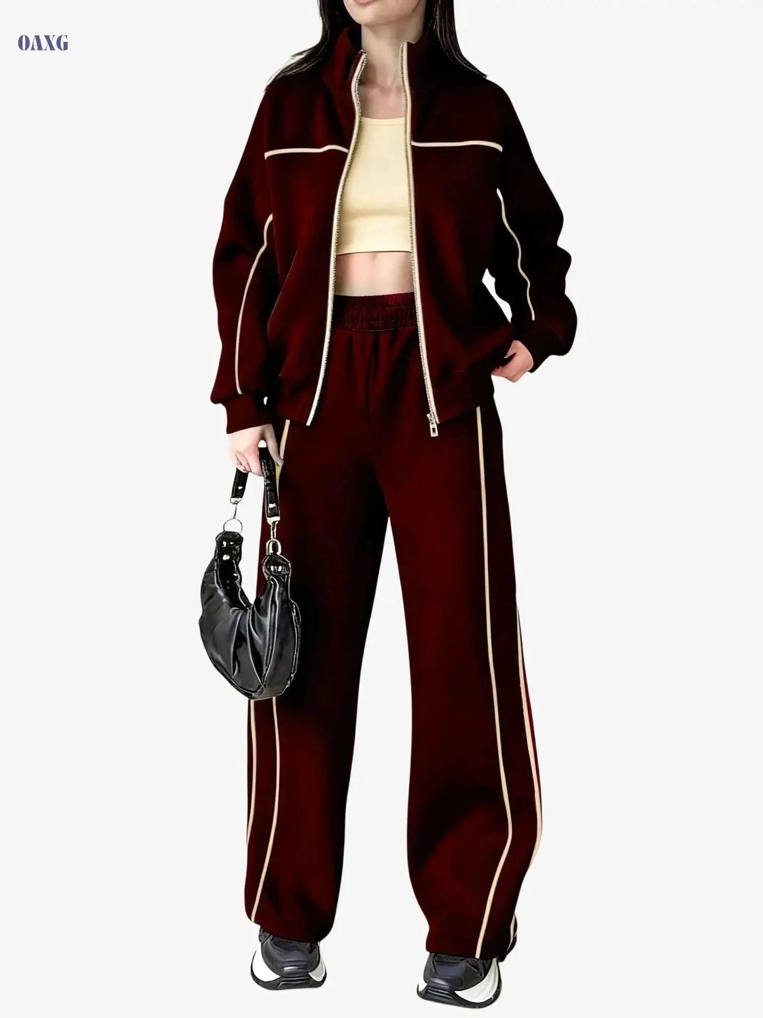 Stylish Women's Two-Piece Athletic Set - Zip-Up Jacket & High-Waisted Pants   OAXG Grey / S