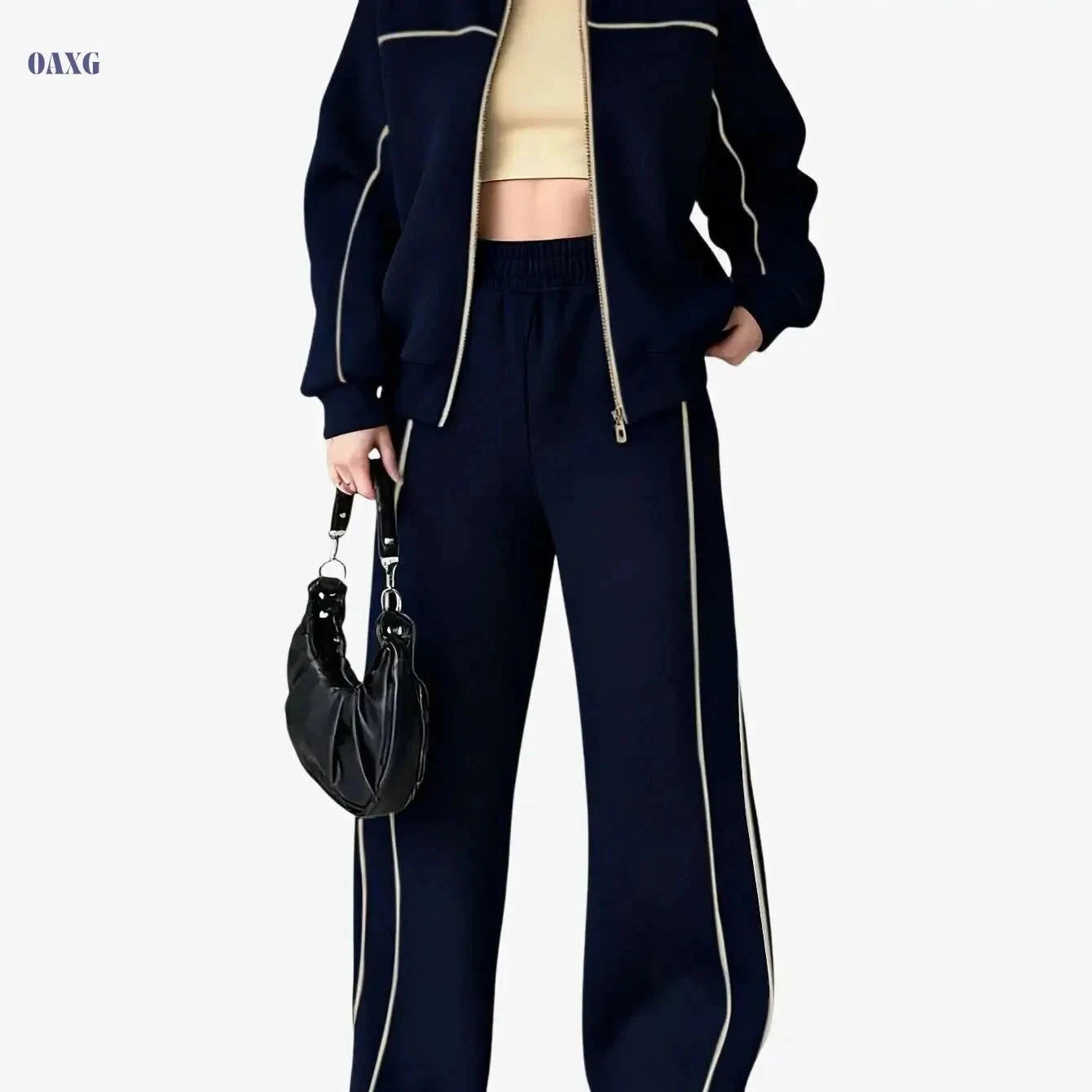 Stylish Women's Two-Piece Athletic Set - Zip-Up Jacket & High-Waisted Pants   OAXG Grey / S