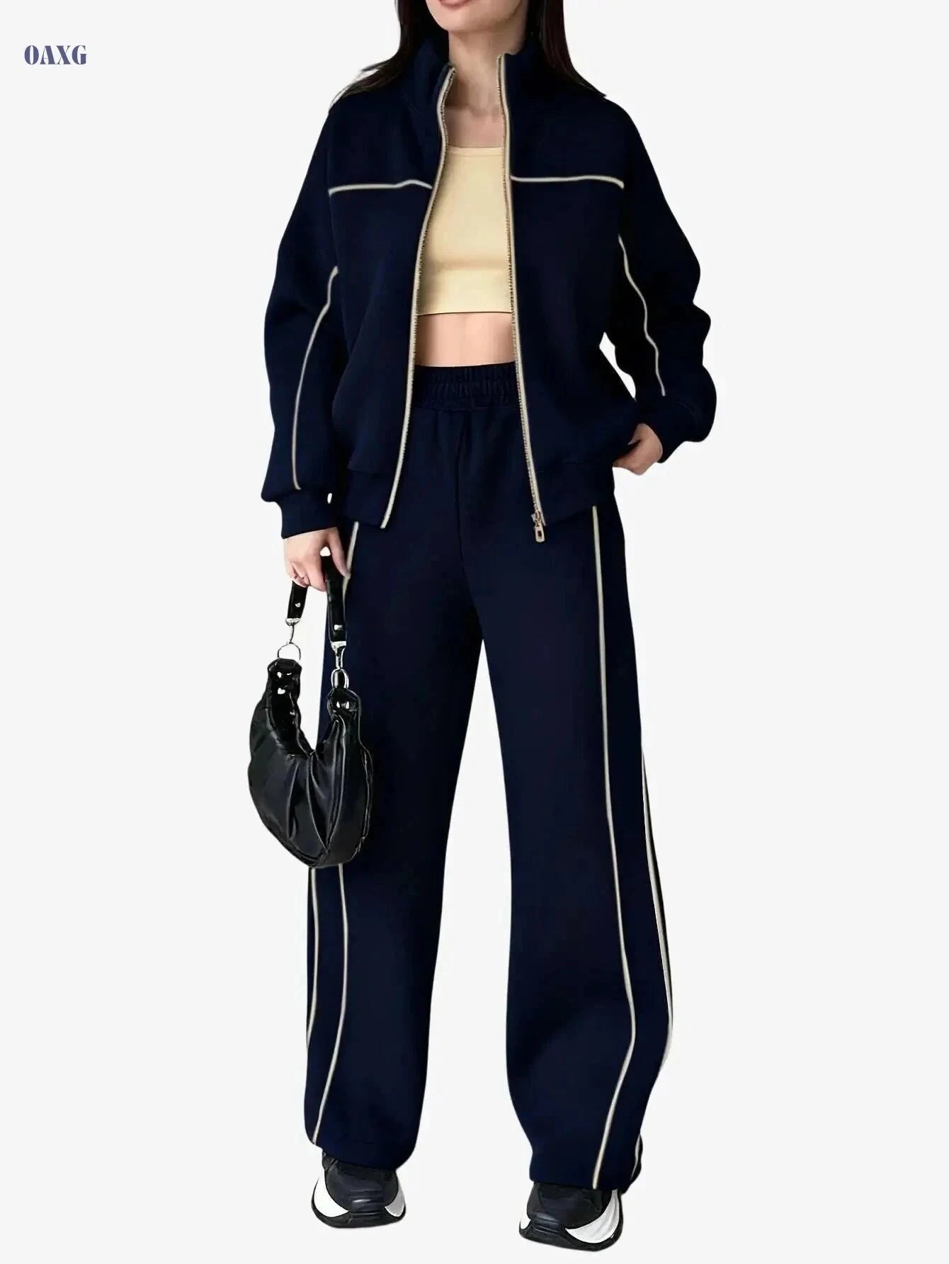 Stylish Women's Two-Piece Athletic Set - Zip-Up Jacket & High-Waisted Pants   OAXG Grey / S