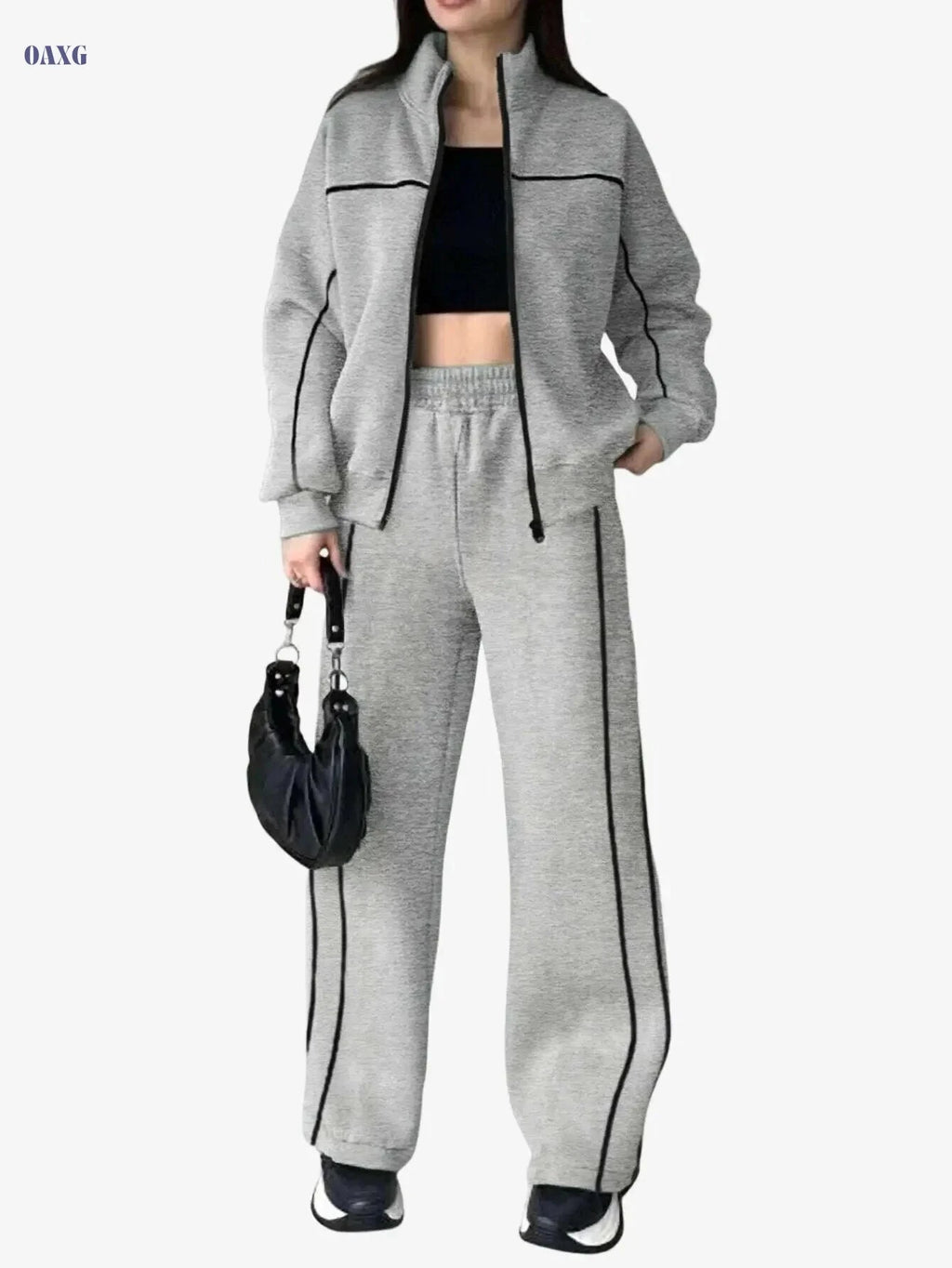 Stylish Women's Two-Piece Athletic Set - Zip-Up Jacket & High-Waisted Pants   OAXG Grey / S