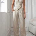 Stylish Women’s Two-Piece Pants Suit - V-Neck Solid Color Set   OAXG Apricot / XS