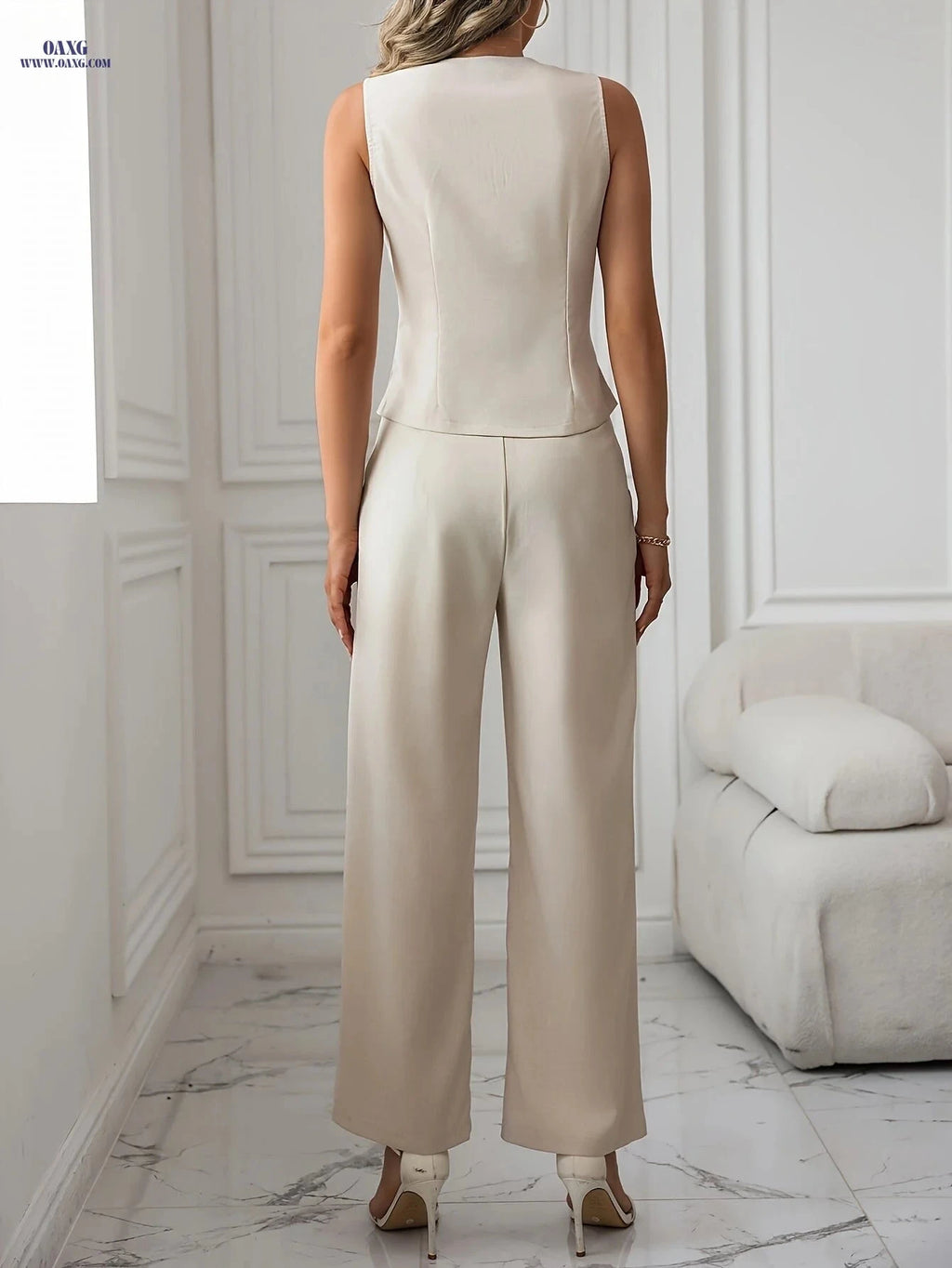 Stylish Women’s Two-Piece Pants Suit - V-Neck Solid Color Set   OAXG Apricot / XS