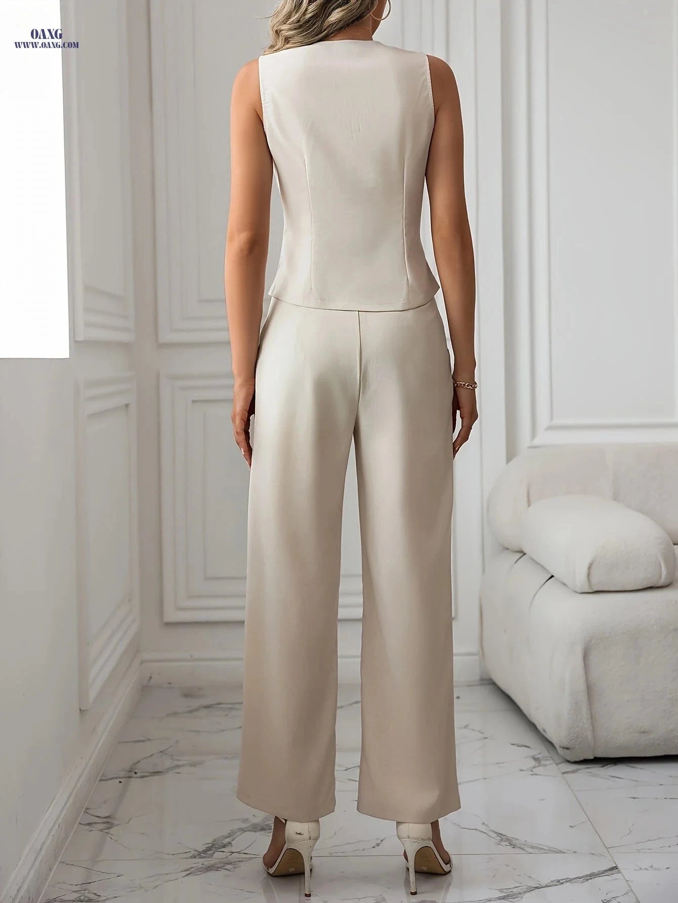 Stylish Women’s Two-Piece Pants Suit - V-Neck Solid Color Set   OAXG Apricot / XS