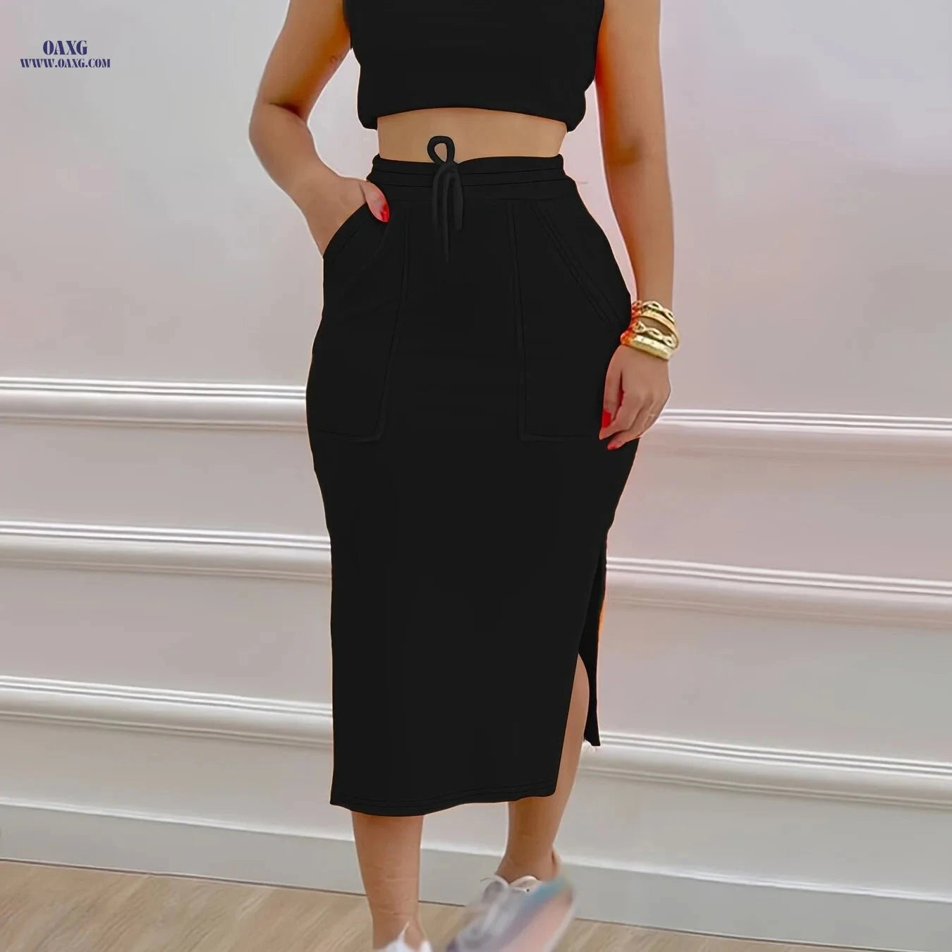 Stylish Women's Two-Piece Set: Sleeveless Tank & Drawstring Skirt   OAXG 