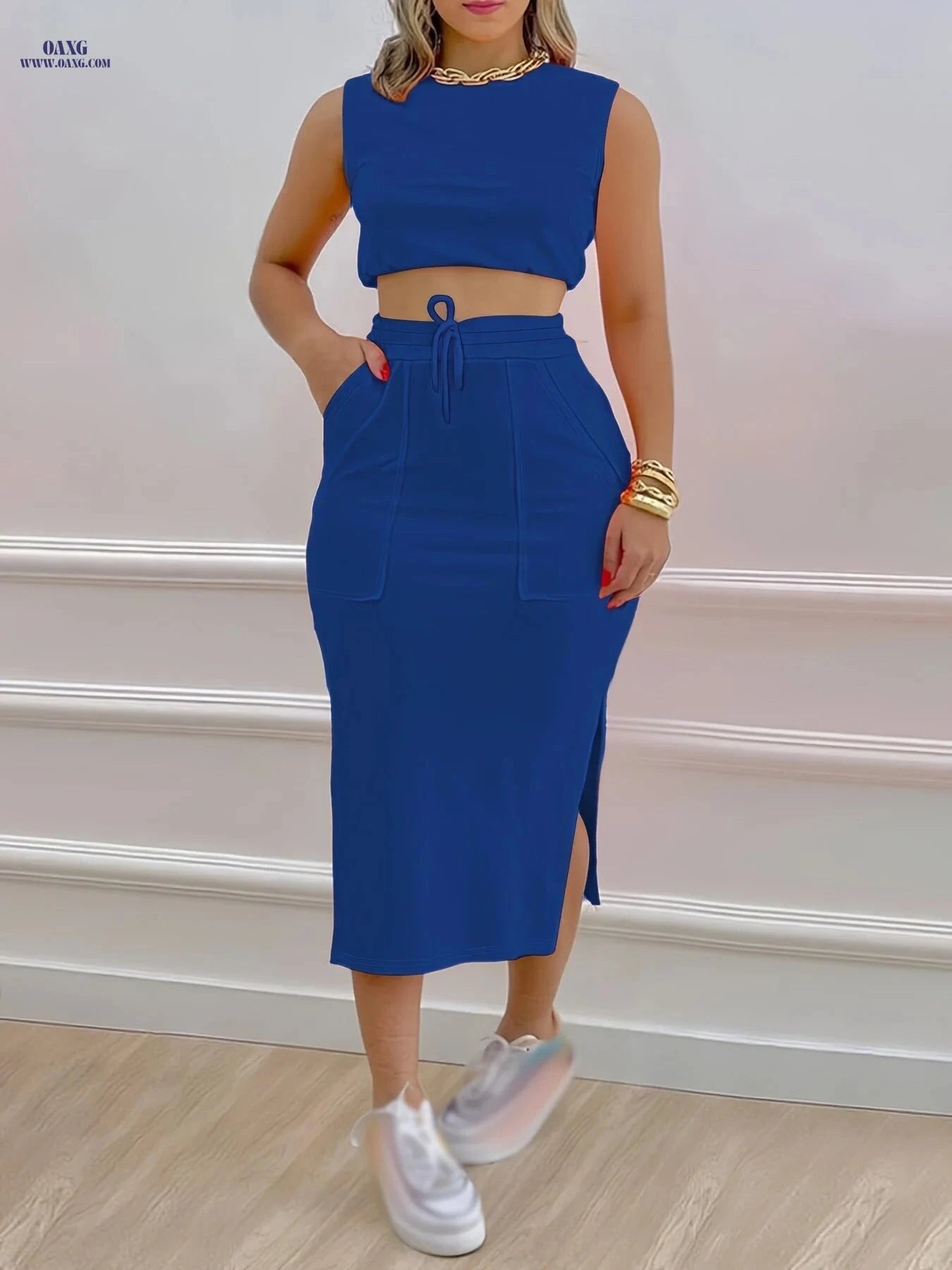 Stylish Women's Two-Piece Set: Sleeveless Tank & Drawstring Skirt   OAXG Orange red / S