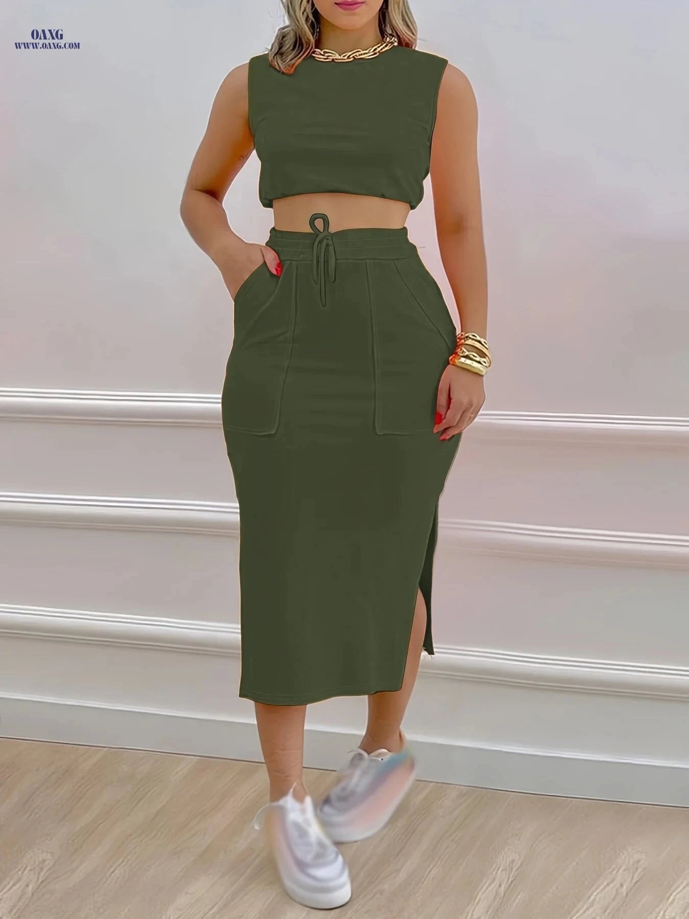 Stylish Women's Two-Piece Set: Sleeveless Tank & Drawstring Skirt   OAXG Orange red / S