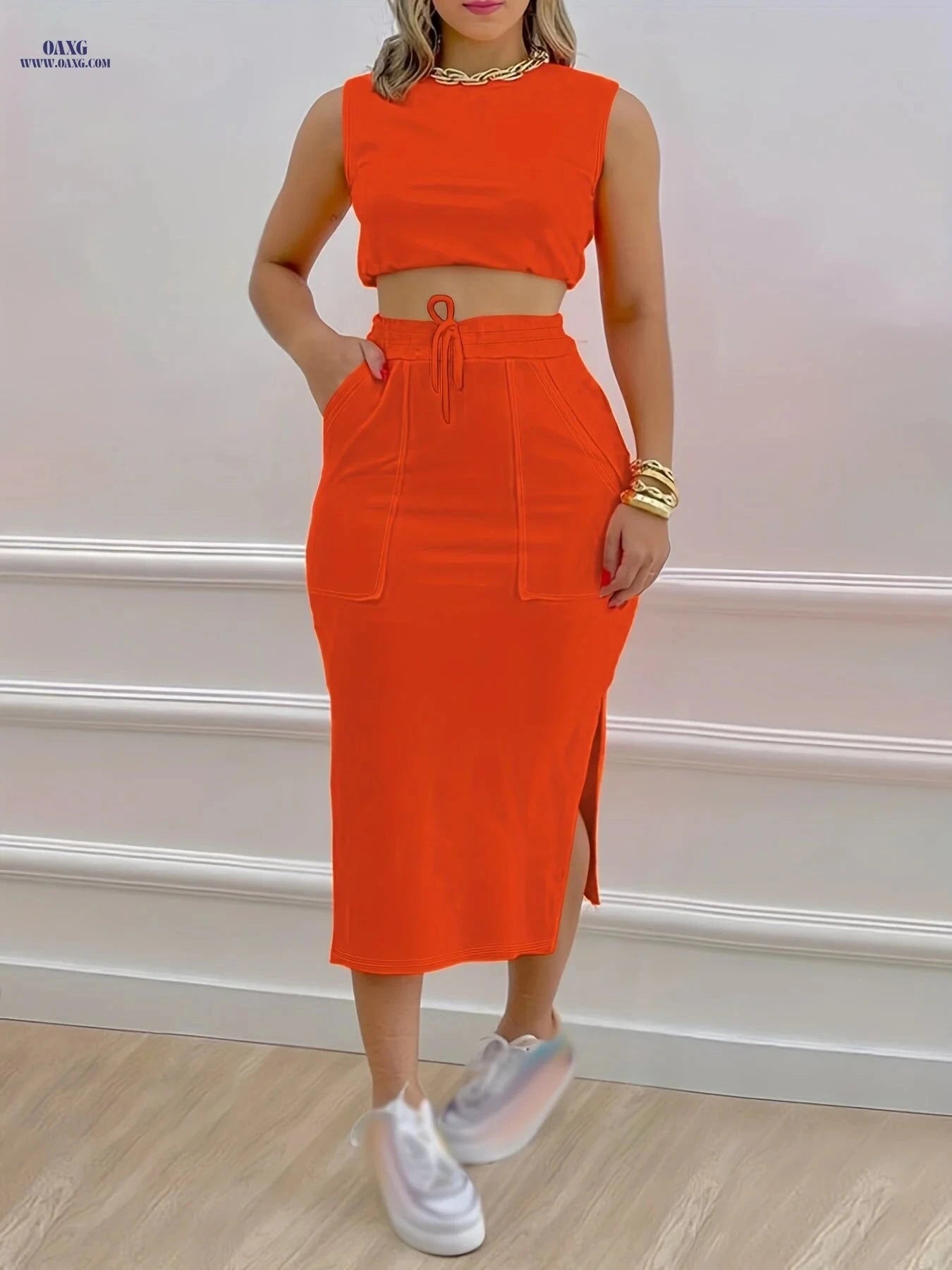 Stylish Women's Two-Piece Set: Sleeveless Tank & Drawstring Skirt   OAXG Orange red / S