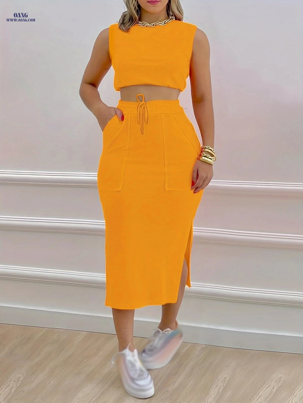 Stylish Women's Two-Piece Set: Sleeveless Tank & Drawstring Skirt   OAXG Orange red / S