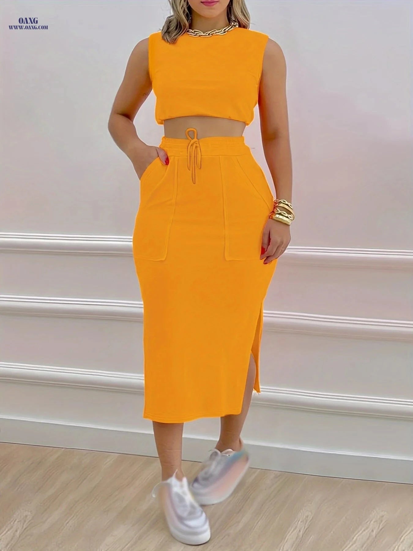 Stylish Women's Two-Piece Set: Sleeveless Tank & Drawstring Skirt   OAXG Orange red / S