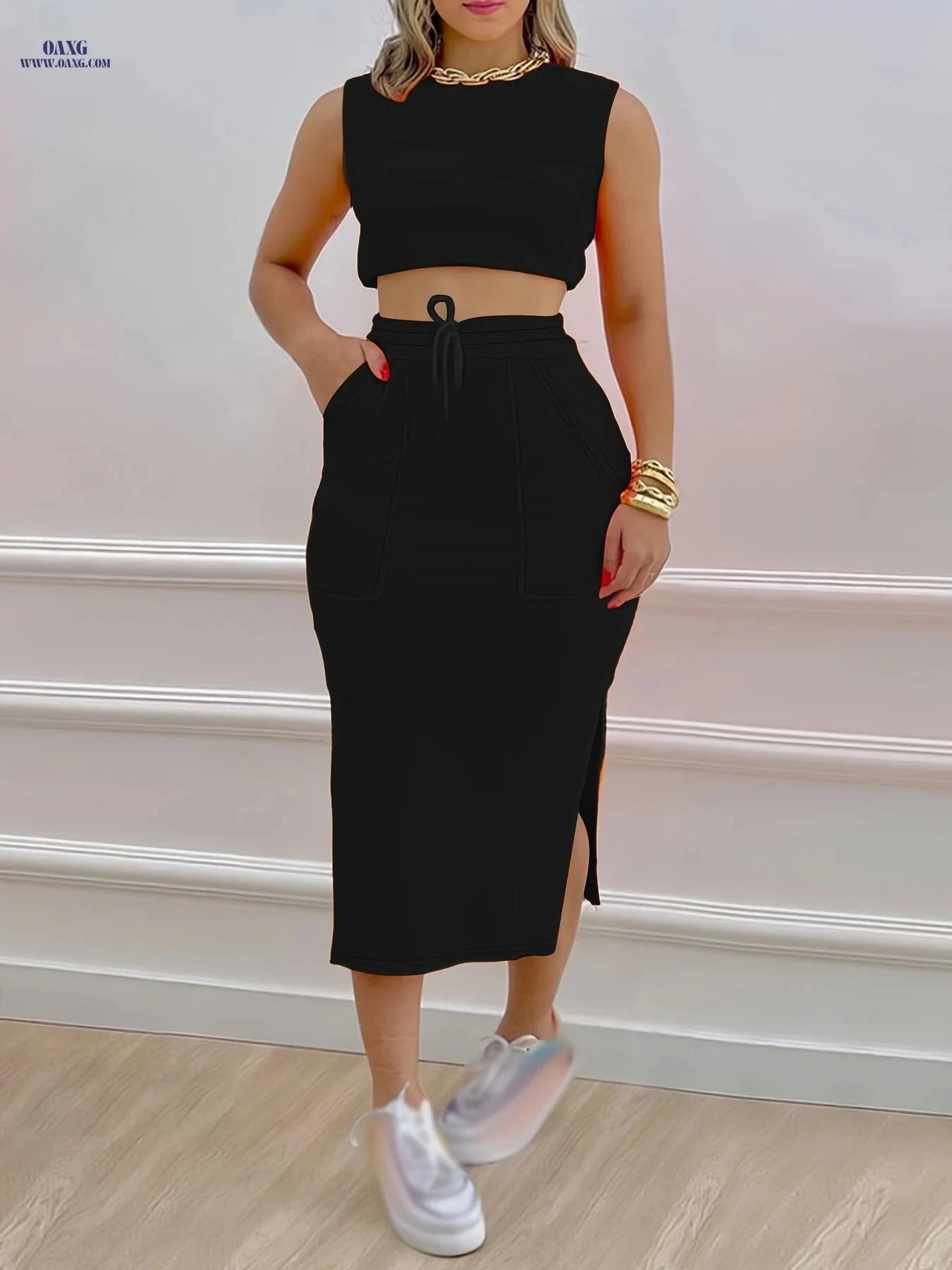 Stylish Women's Two-Piece Set: Sleeveless Tank & Drawstring Skirt   OAXG 