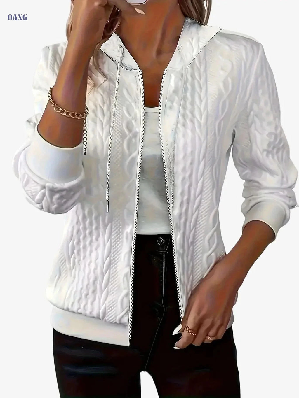 Stylish Zip-Up Top for Women - Fall/Winter Casual Hooded Design   OAXG White / S