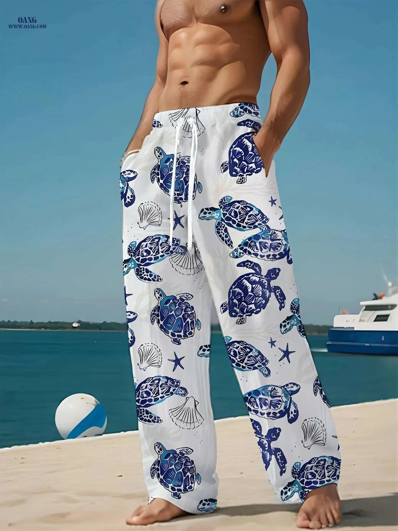 Summer Beach Pants for Men - Casual Drawstring Trousers, Turtles Print   OAXG 