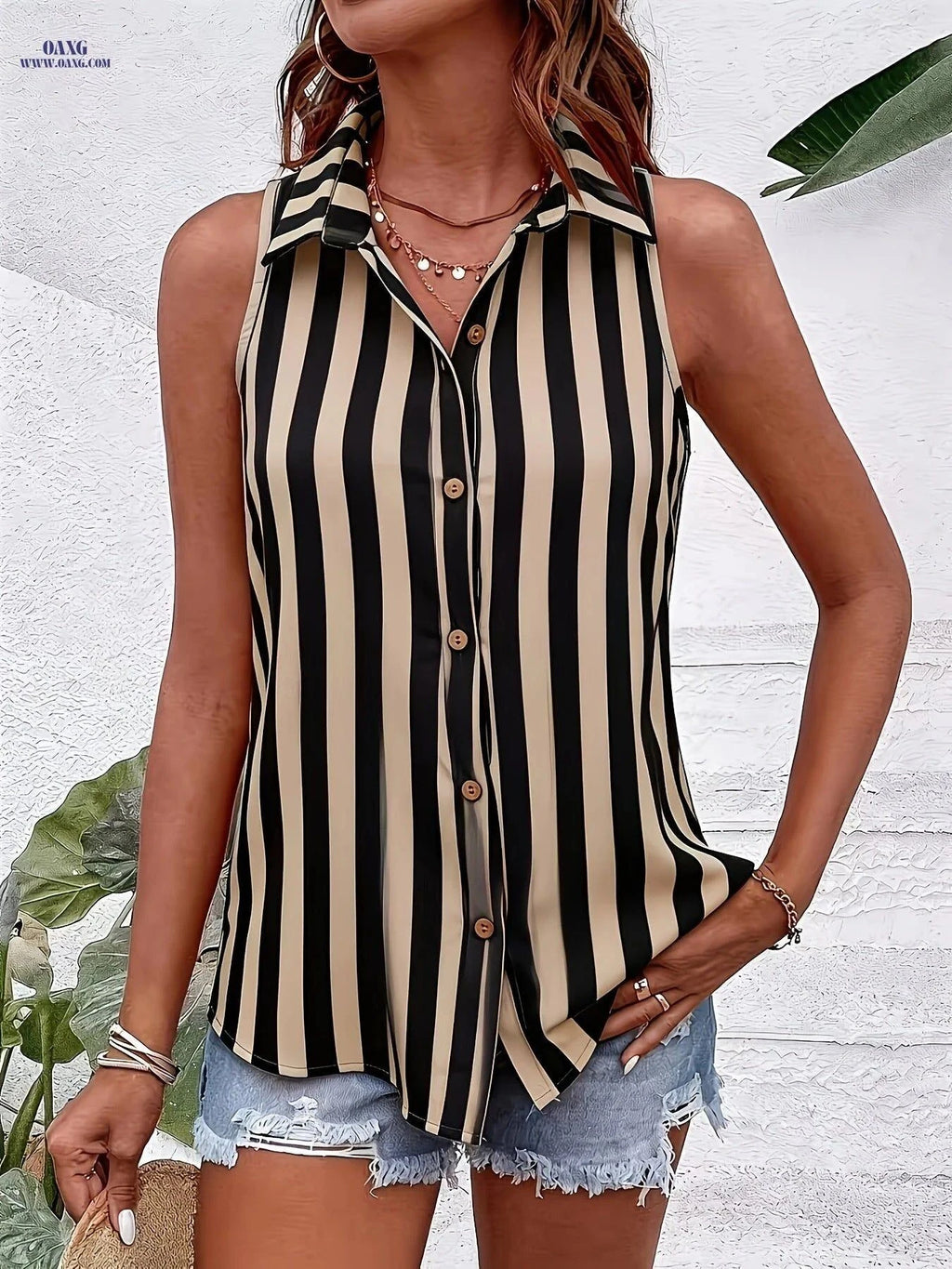 Summer Casual Striped Shirt - Sleeveless Elegant Design for Commuting   OAXG Mixed colors / S