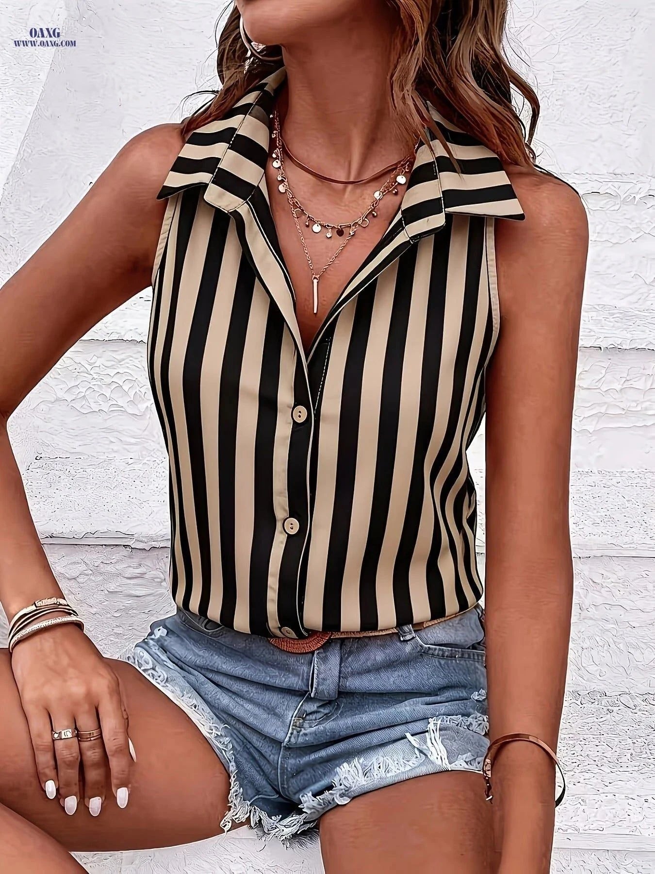 Summer Casual Striped Shirt - Sleeveless Elegant Design for Commuting   OAXG Mixed colors / S