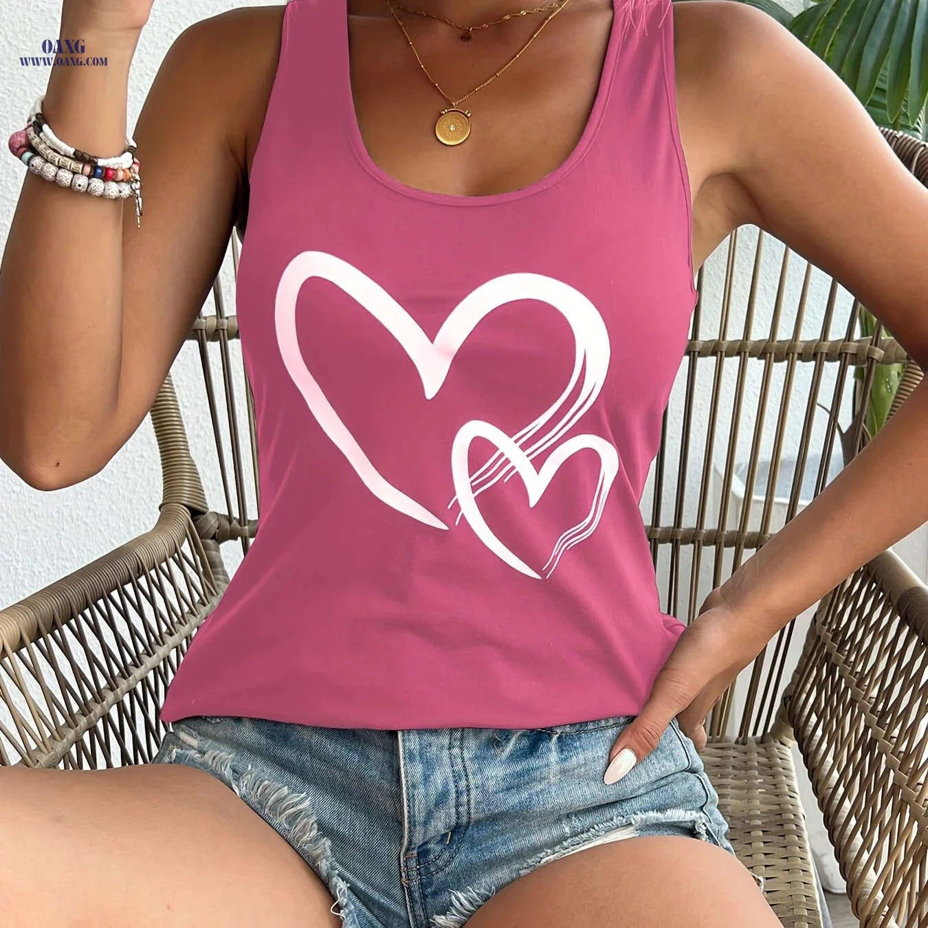 Summer Casual Women's Sleeveless Camisole - Heart Print Top   OAXG 