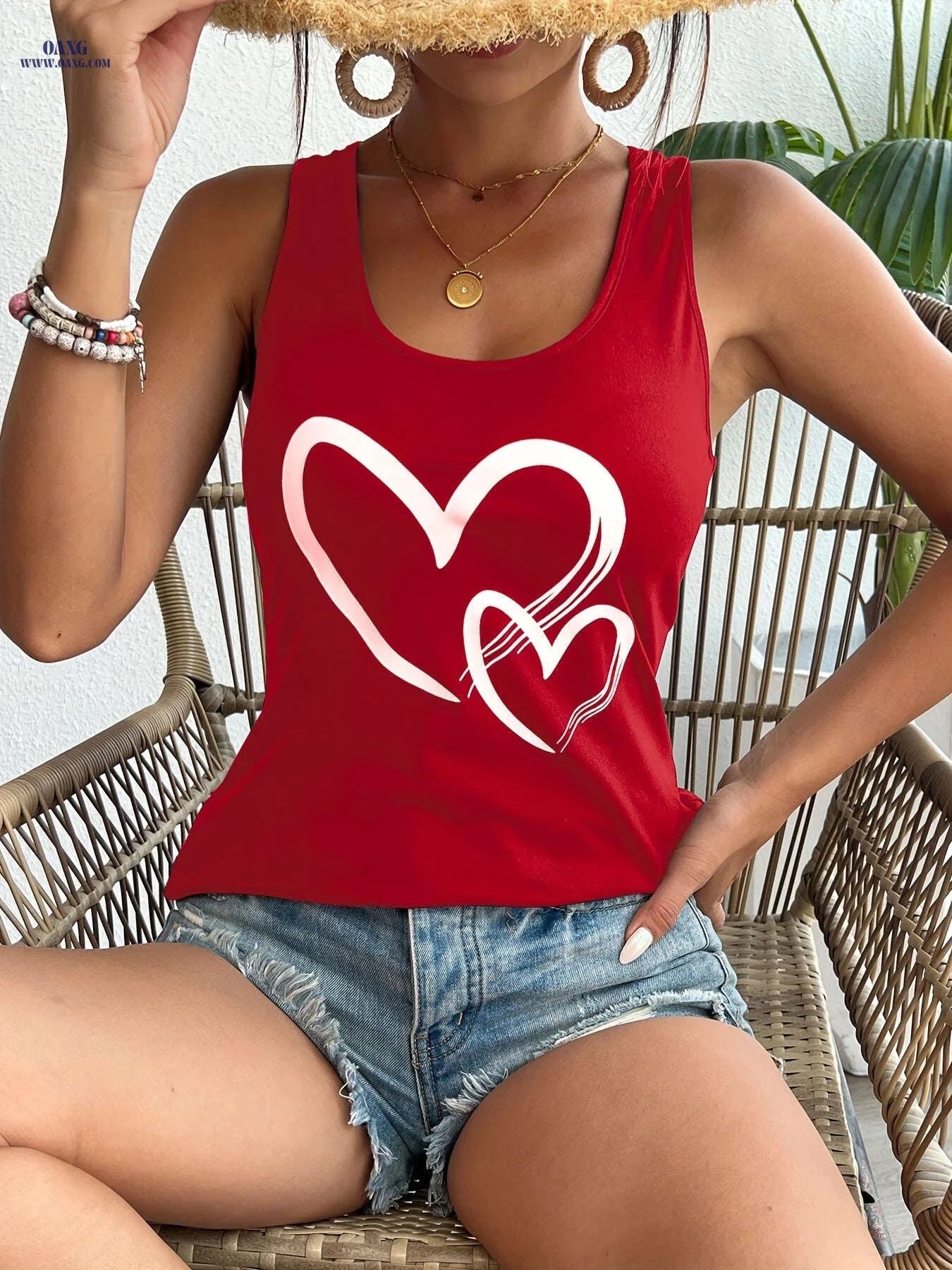 Summer Casual Women's Sleeveless Camisole - Heart Print Top   OAXG 