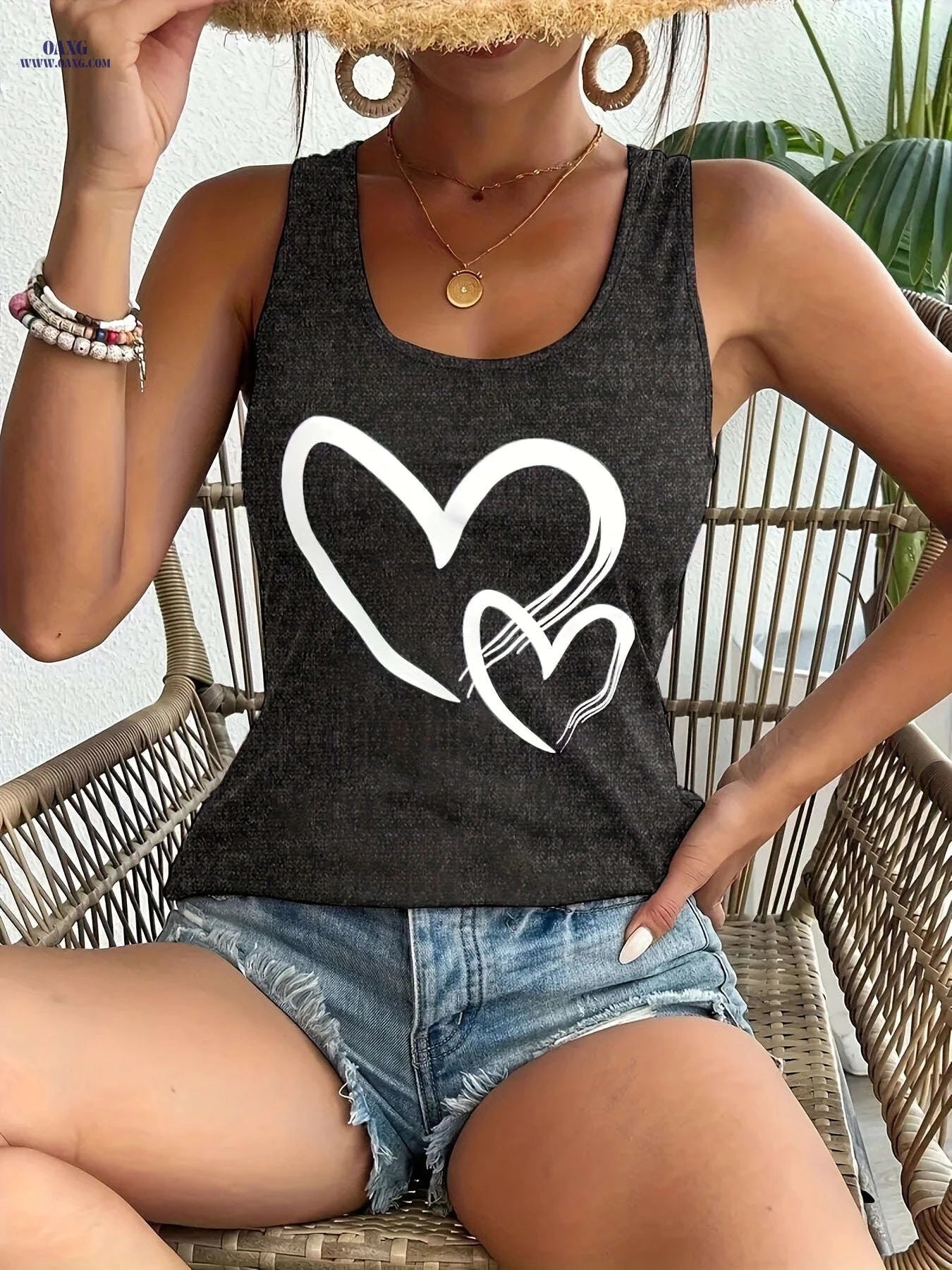 Summer Casual Women's Sleeveless Camisole - Heart Print Top   OAXG 